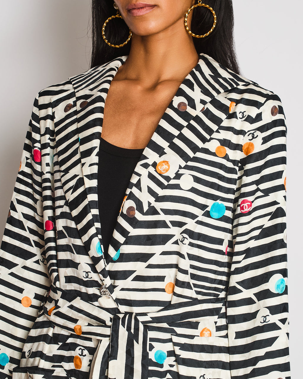 Chanel 24/SS Black And Cream Striped Silk Coat With Multicolour CC Round Logo and CC Button Details  Size FR 34 (UK 6)