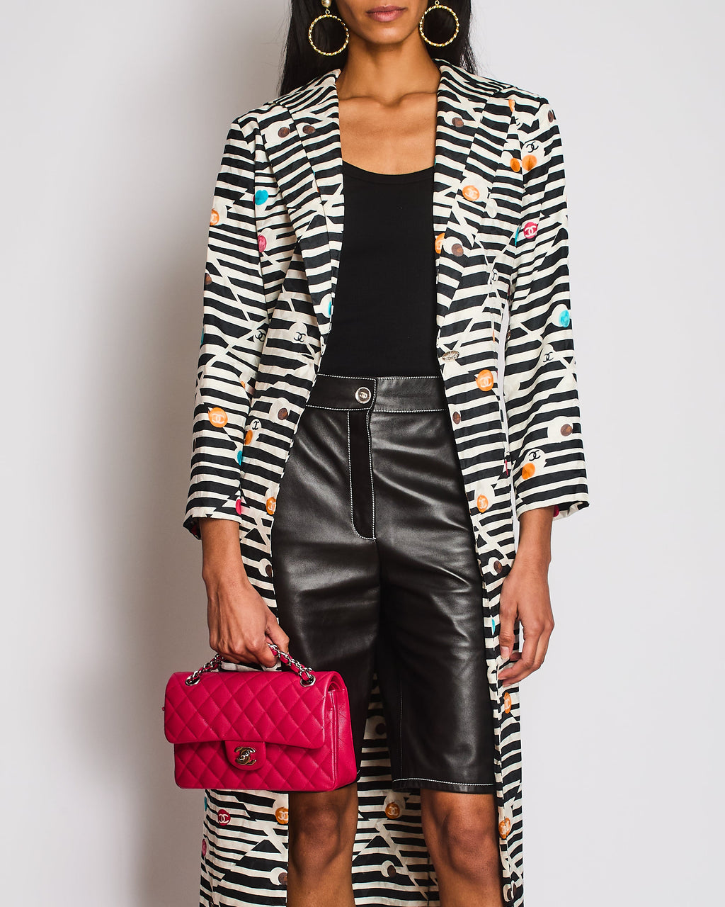 Chanel 24/SS Black And Cream Striped Silk Coat With Multicolour CC Round Logo and CC Button Details  Size FR 34 (UK 6)