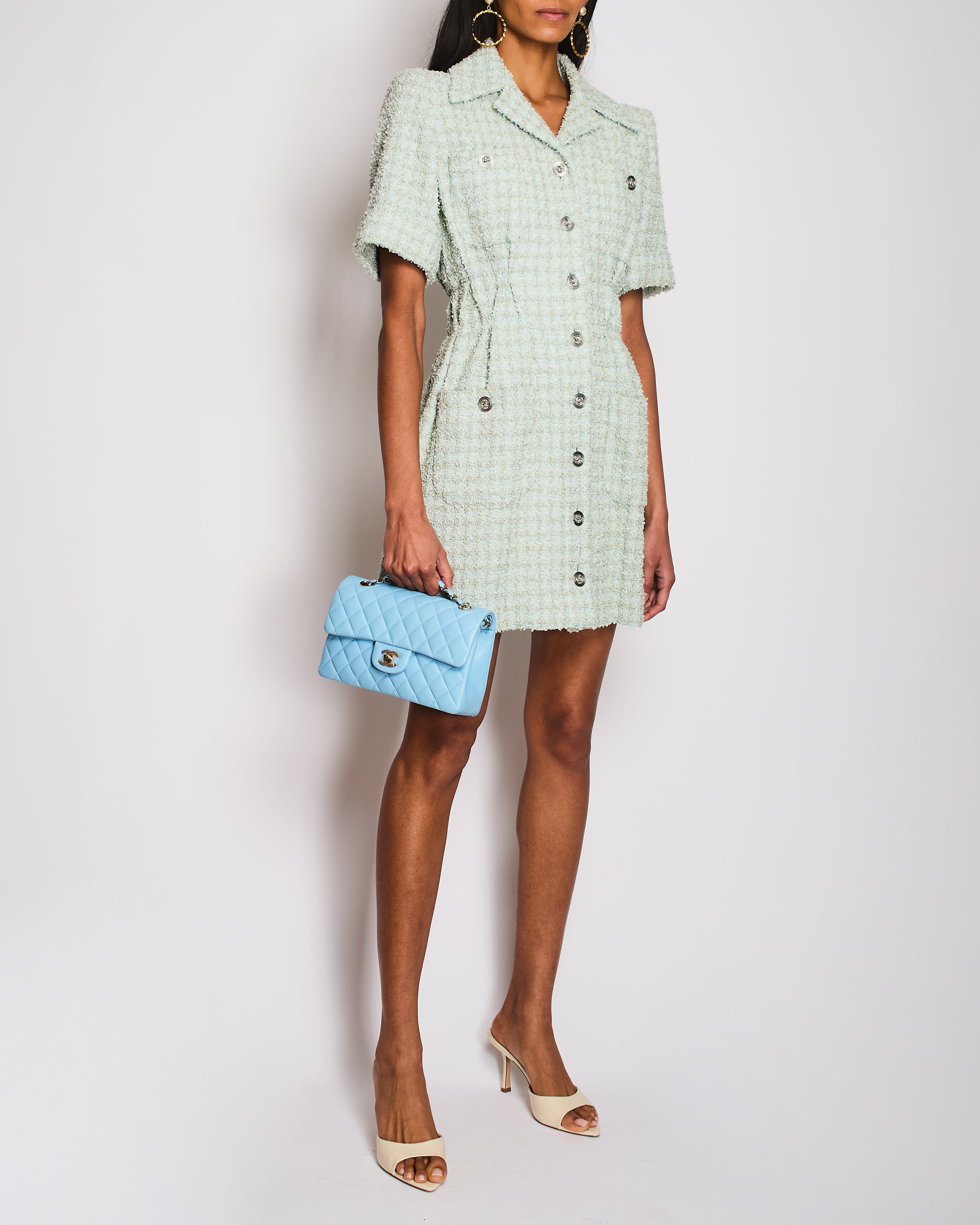 Chanel 20/P Pastel Green Short Sleeve Tweed Button Down Midi Dress Size FR 36 (UK 8)