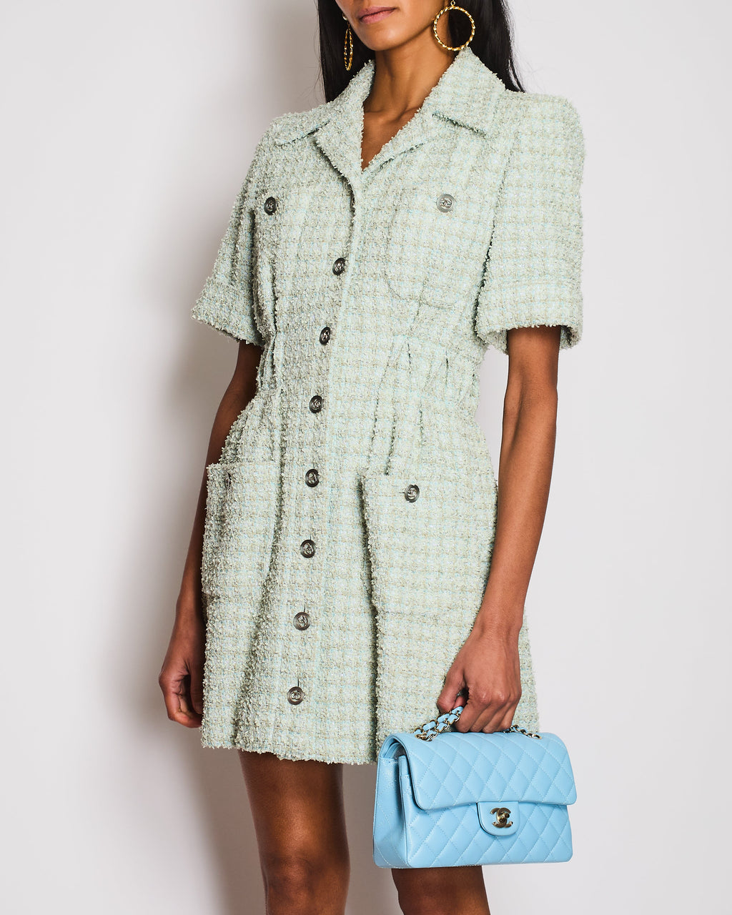 Chanel 20/P Pastel Green Short Sleeve Tweed Button Down Midi Dress Size FR 36 (UK 8)