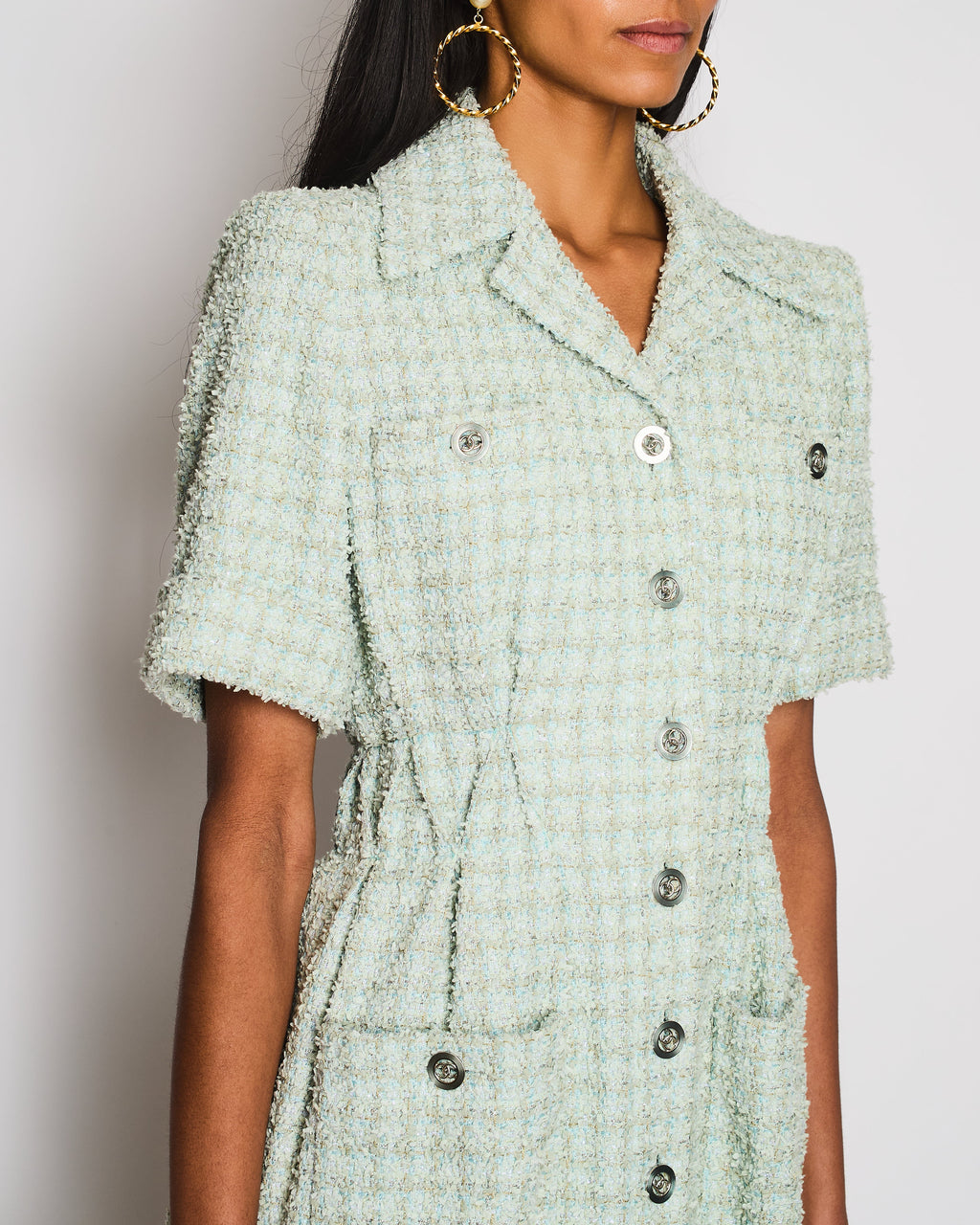 Chanel 20/P Pastel Green Short Sleeve Tweed Button Down Midi Dress Size FR 36 (UK 8)