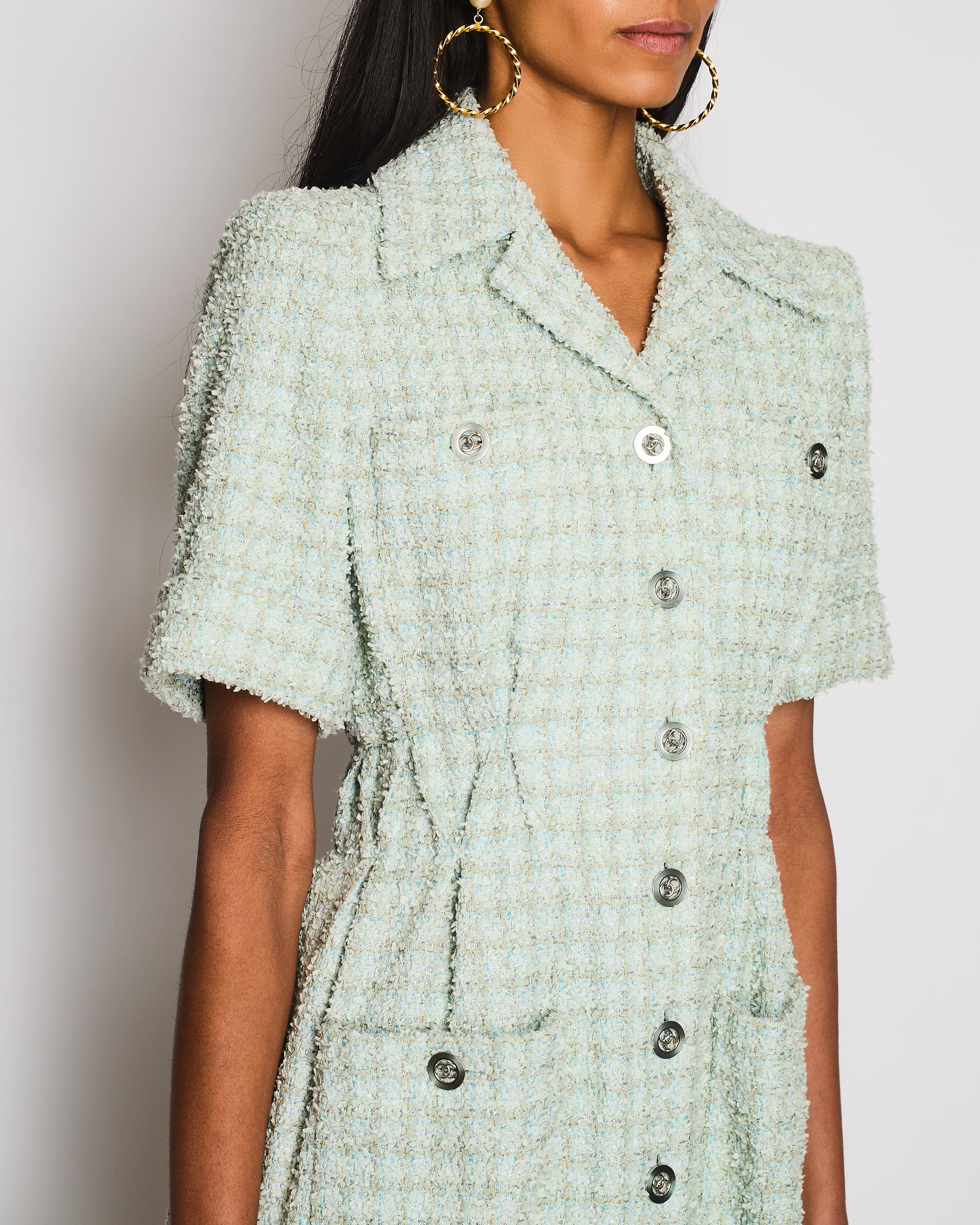 Chanel 20/P Pastel Green Short Sleeve Tweed Button Down Midi Dress Size FR 36 (UK 8)