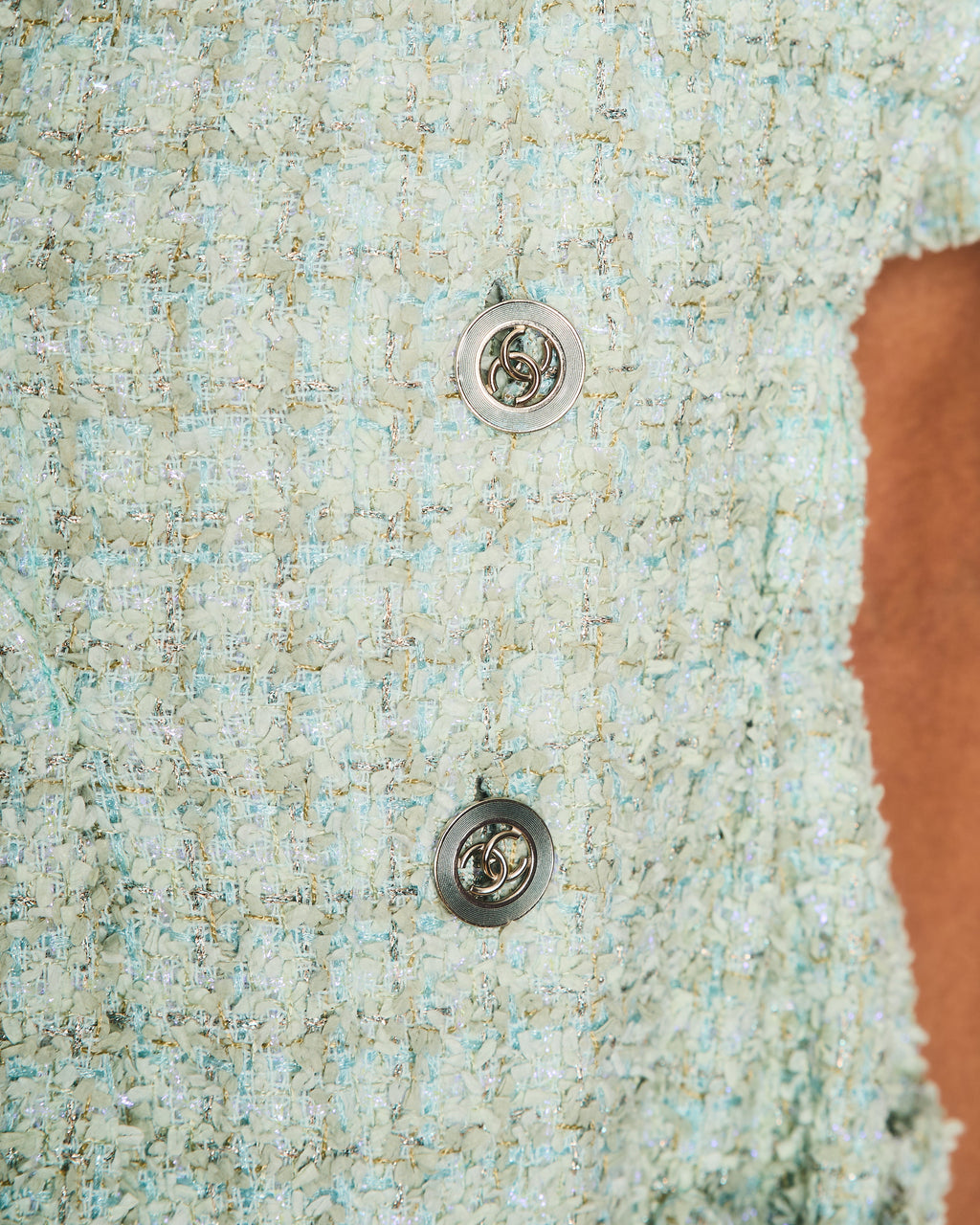 Chanel 20/P Pastel Green Short Sleeve Tweed Button Down Midi Dress Size FR 36 (UK 8)