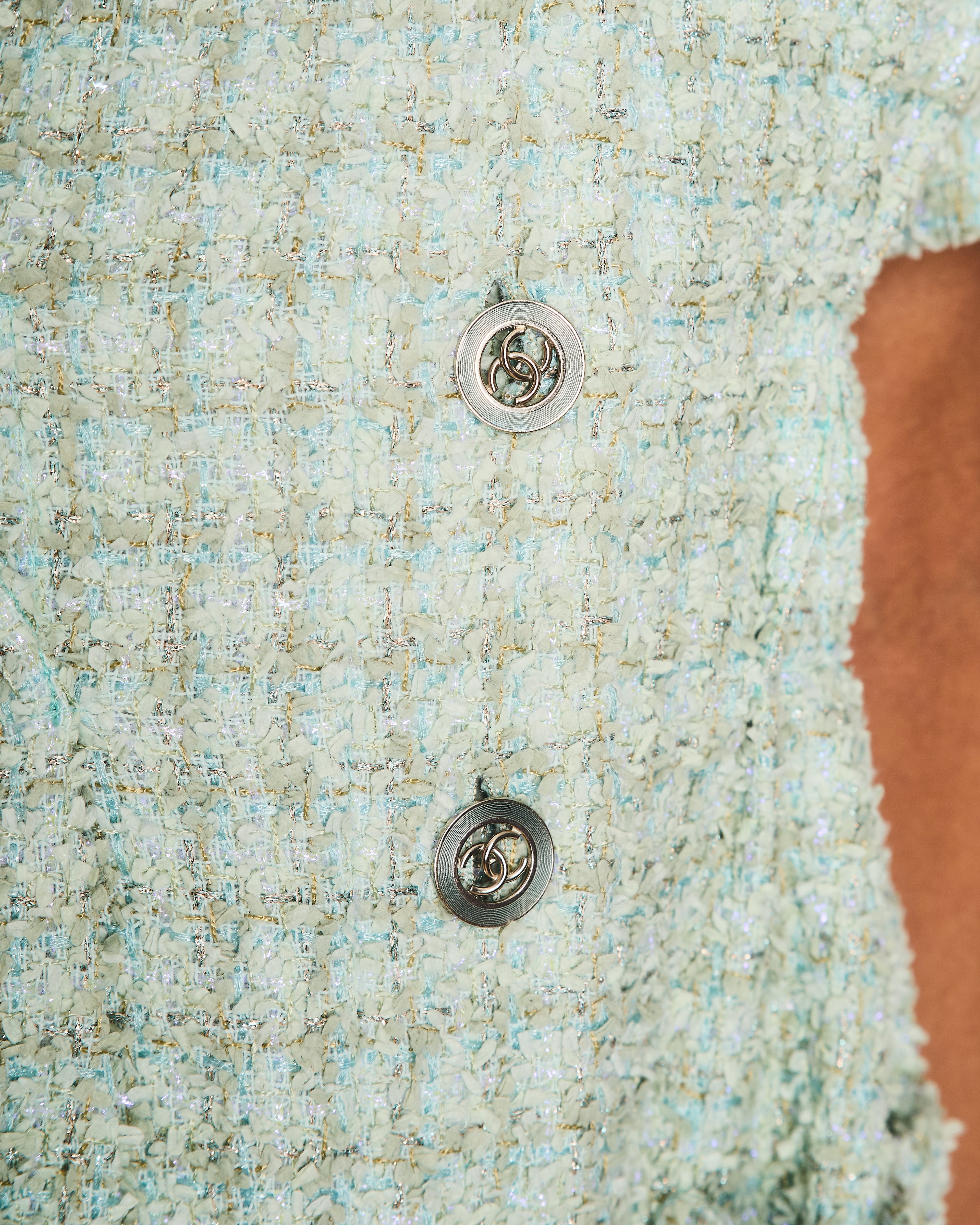 Chanel 20/P Pastel Green Short Sleeve Tweed Button Down Midi Dress Size FR 36 (UK 8)