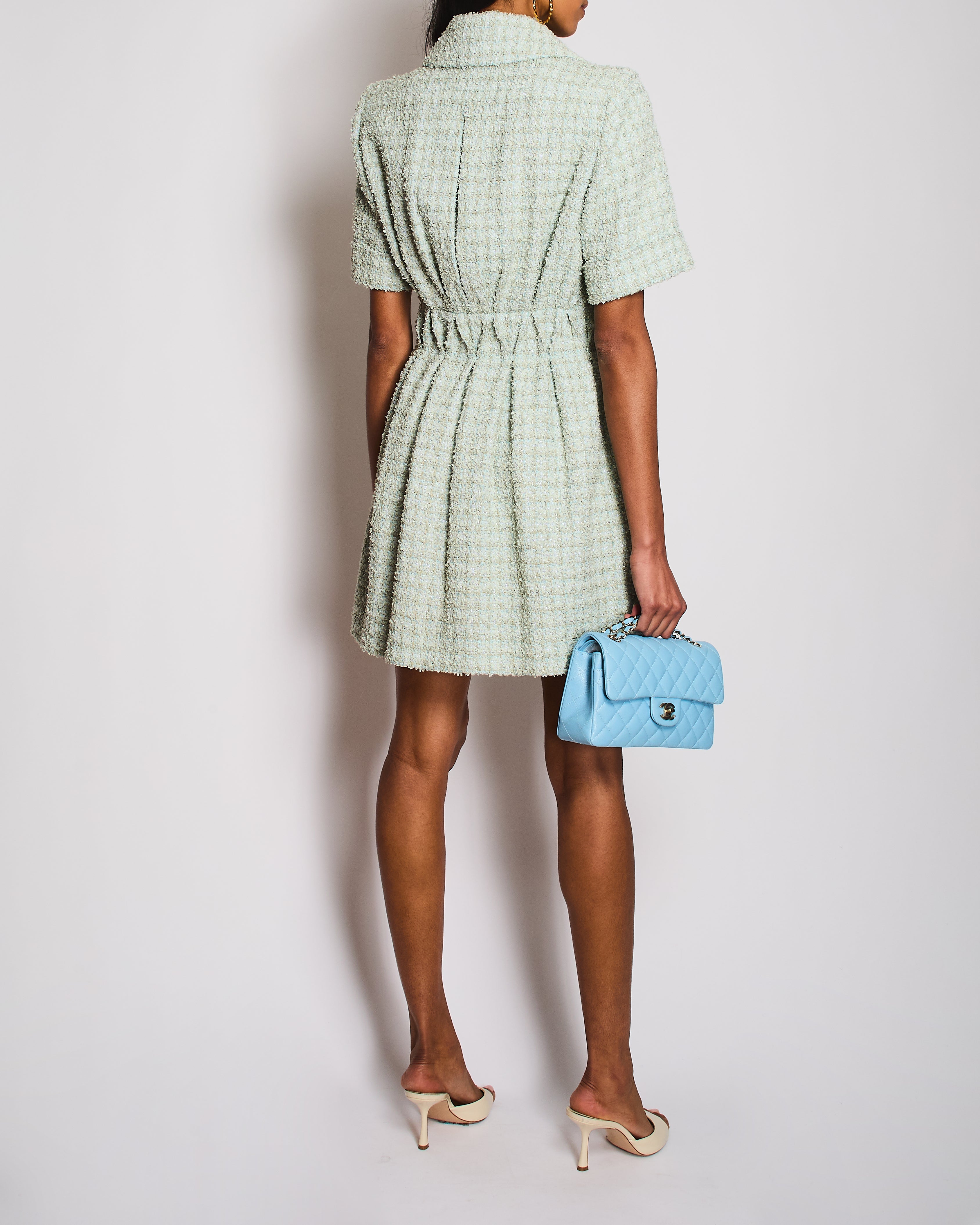 Chanel 20/P Pastel Green Short Sleeve Tweed Button Down Midi Dress Size FR 36 (UK 8)