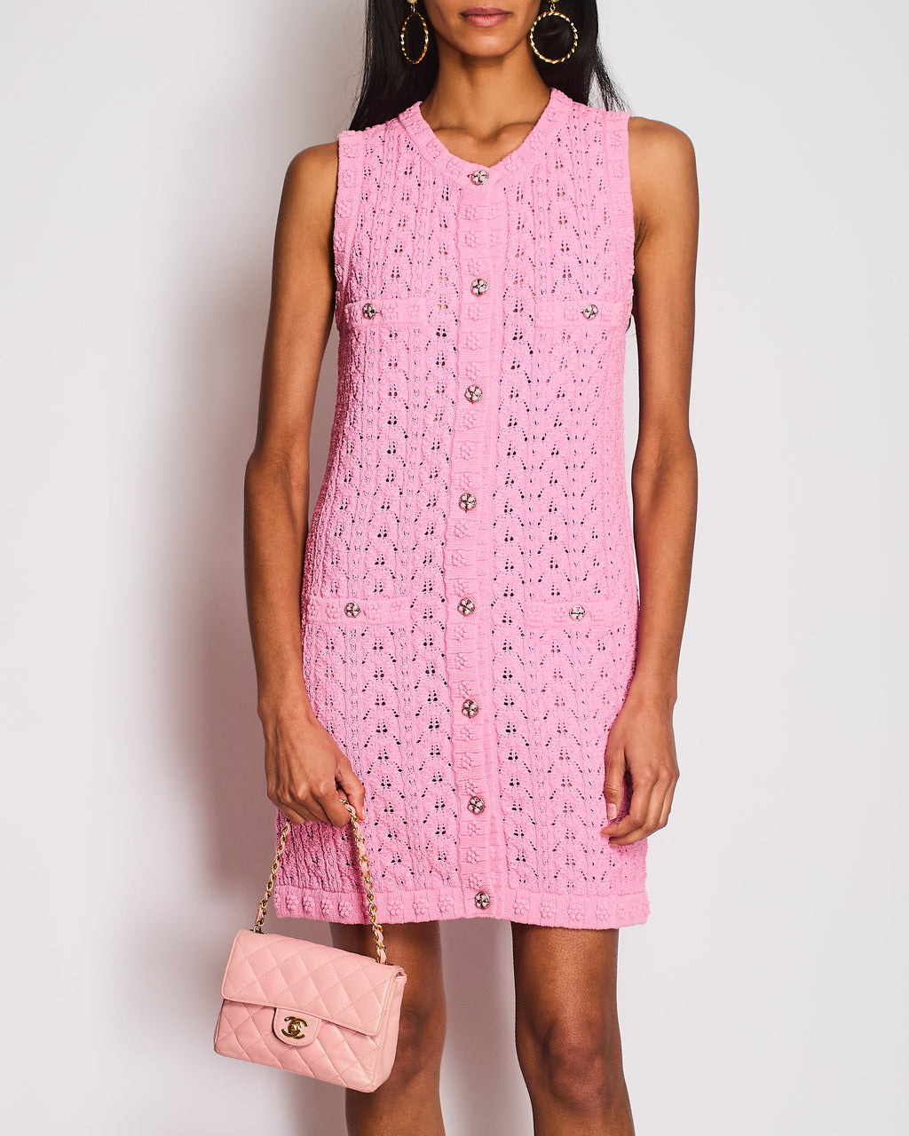 Chanel 24/S Pink Knitted Floral Short Sleeve Dress with CC Button Detail Size FR 36 (UK 8)