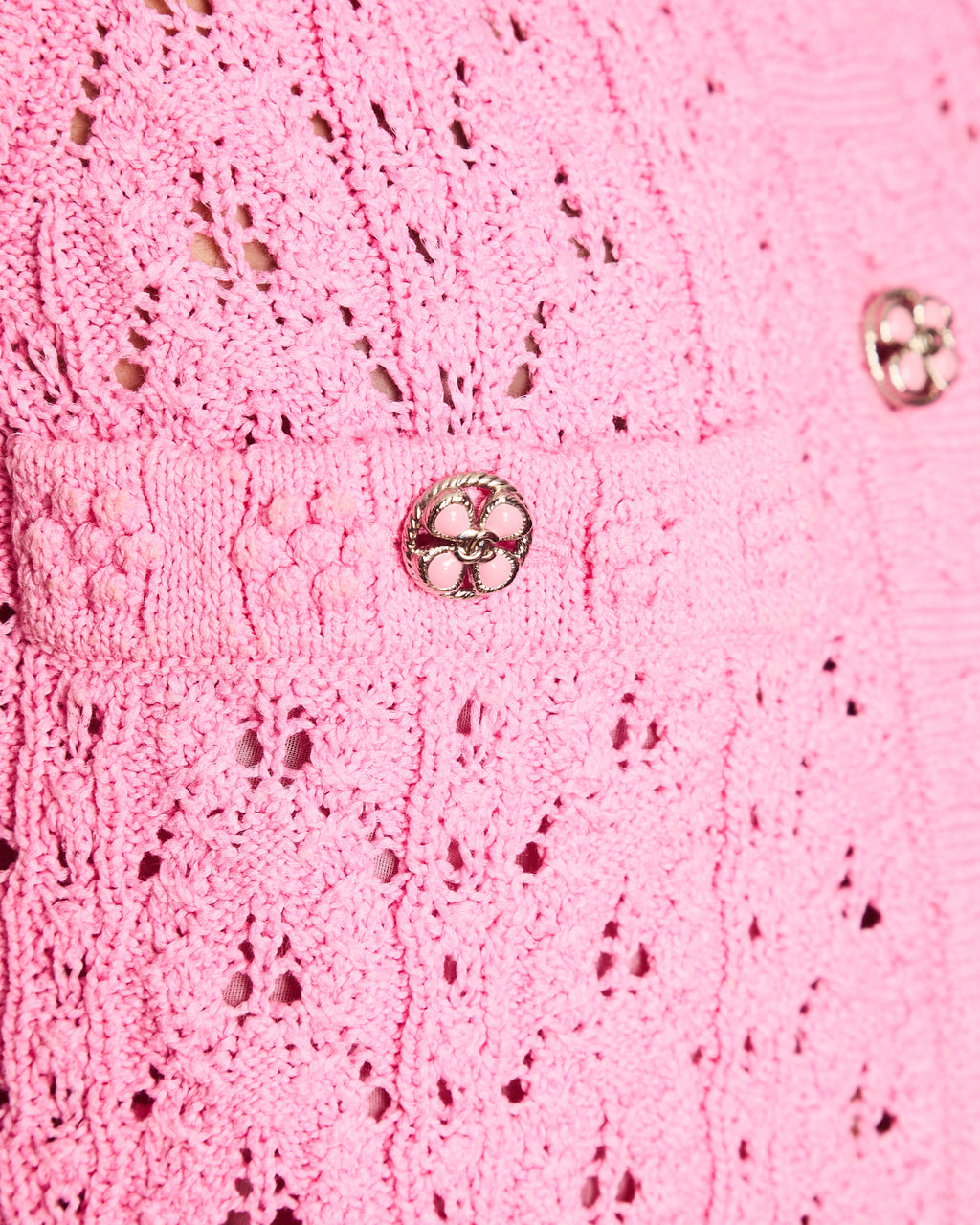 Chanel 24/S Pink Knitted Floral Short Sleeve Dress with CC Button Detail Size FR 36 (UK 8)