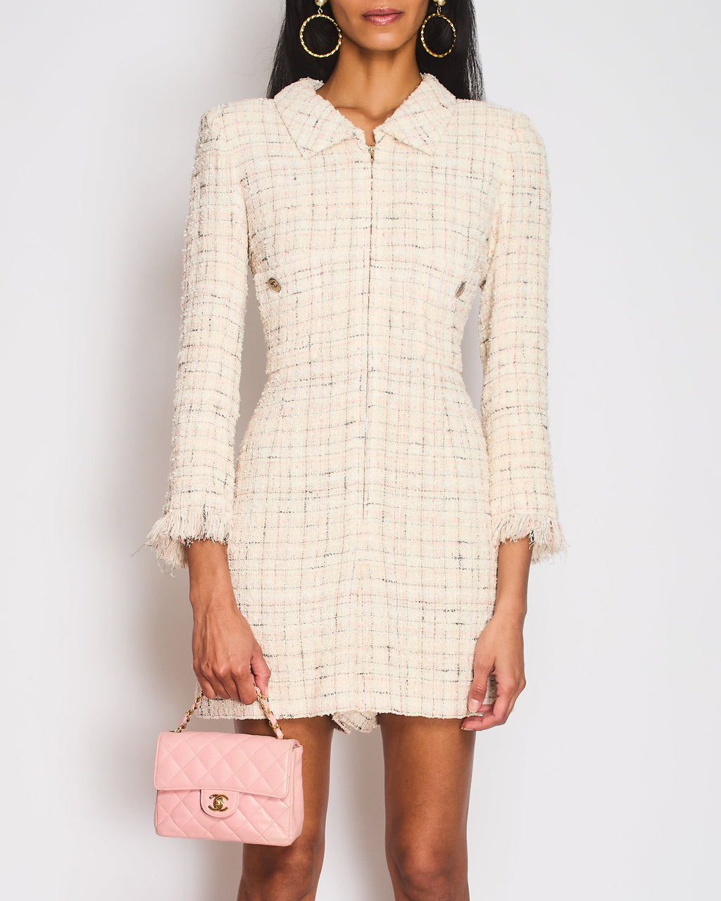 Chanel 18/P Beige Tweed Playsuit with Frayed Sleeve Detail Size FR 36 (UK 8)