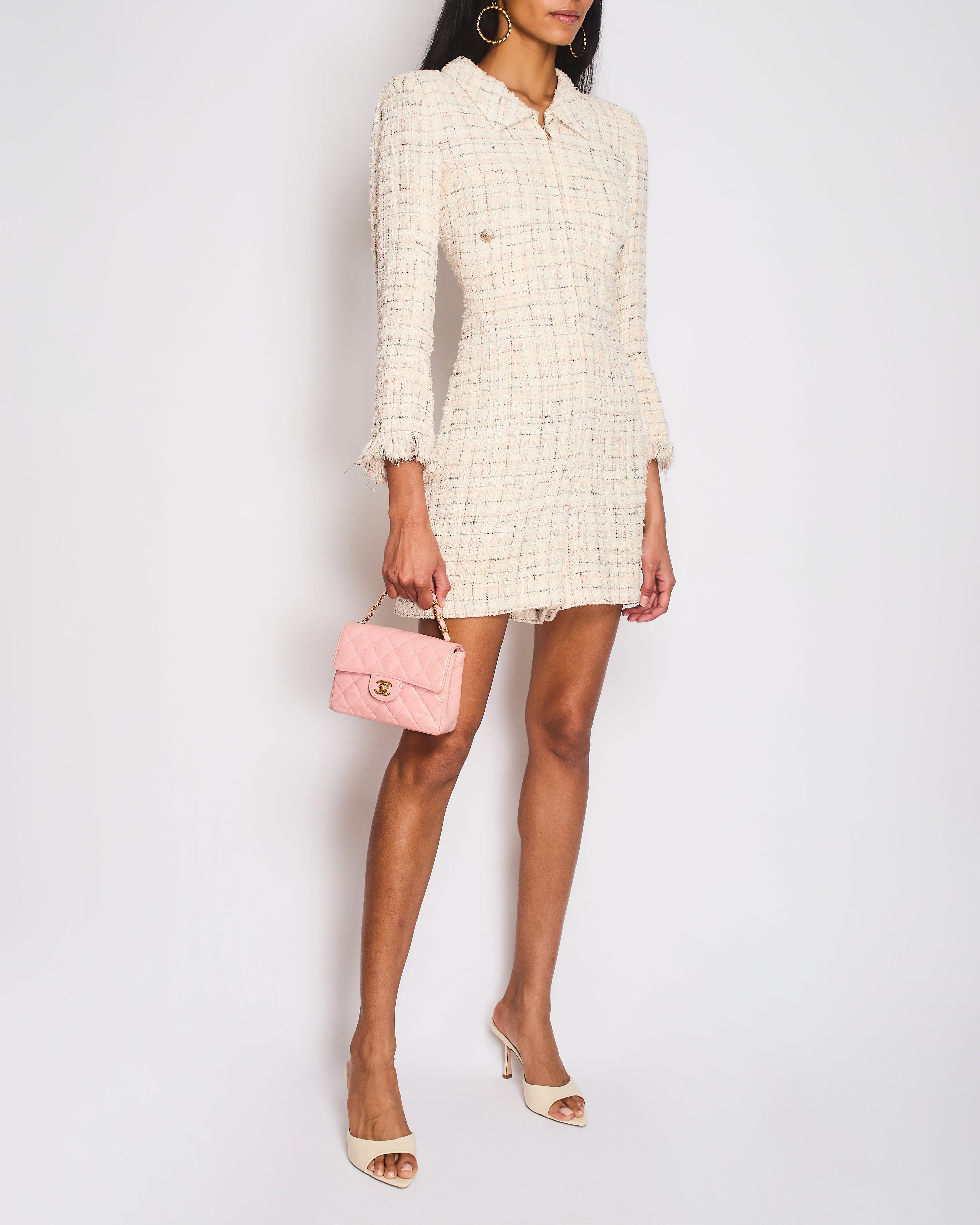 Chanel 18/P Beige Tweed Playsuit with Frayed Sleeve Detail Size FR 36 (UK 8)