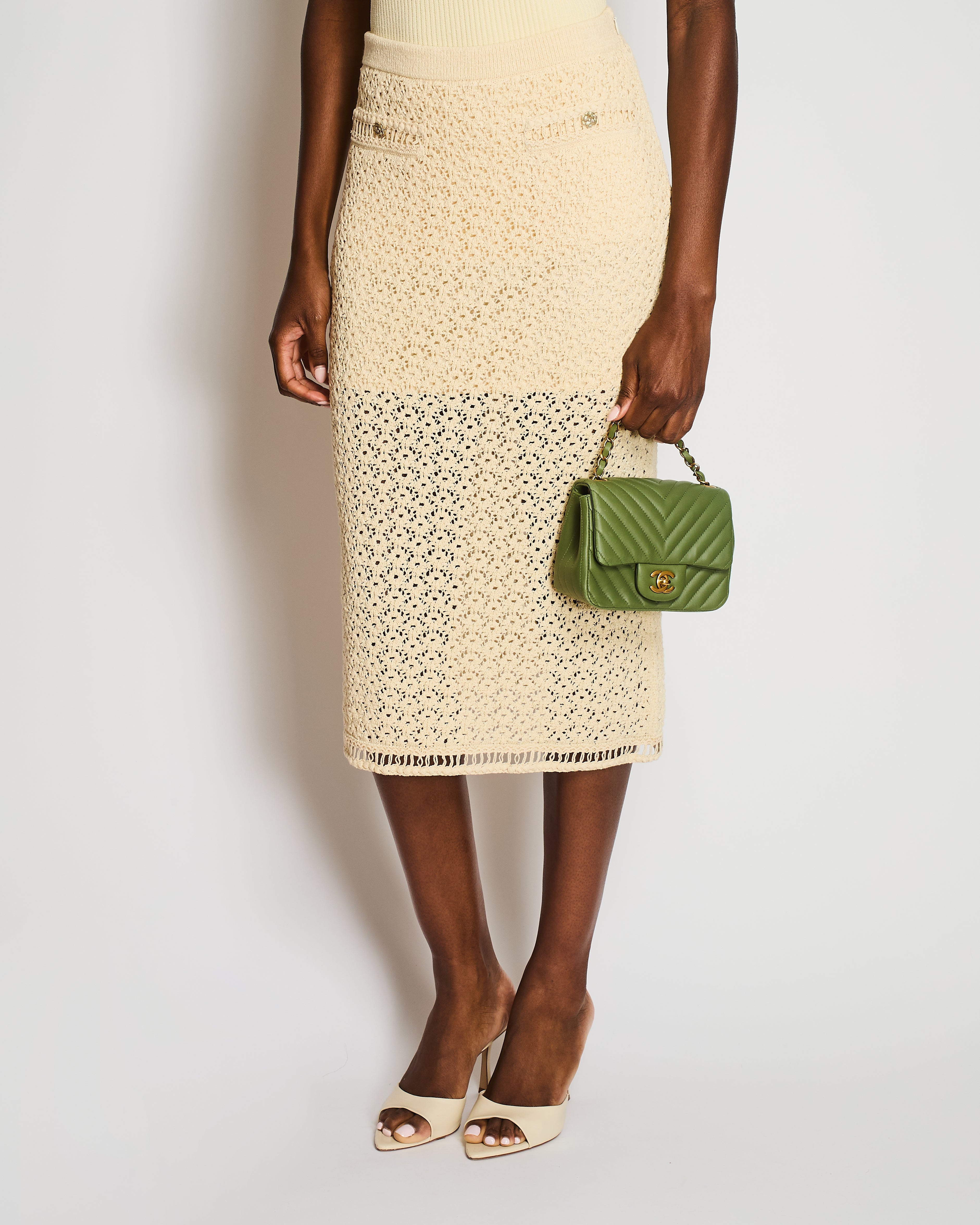Chanel Beige Knitted Midi Skirt with Pocket Detail Size FR 36 (UK 8)