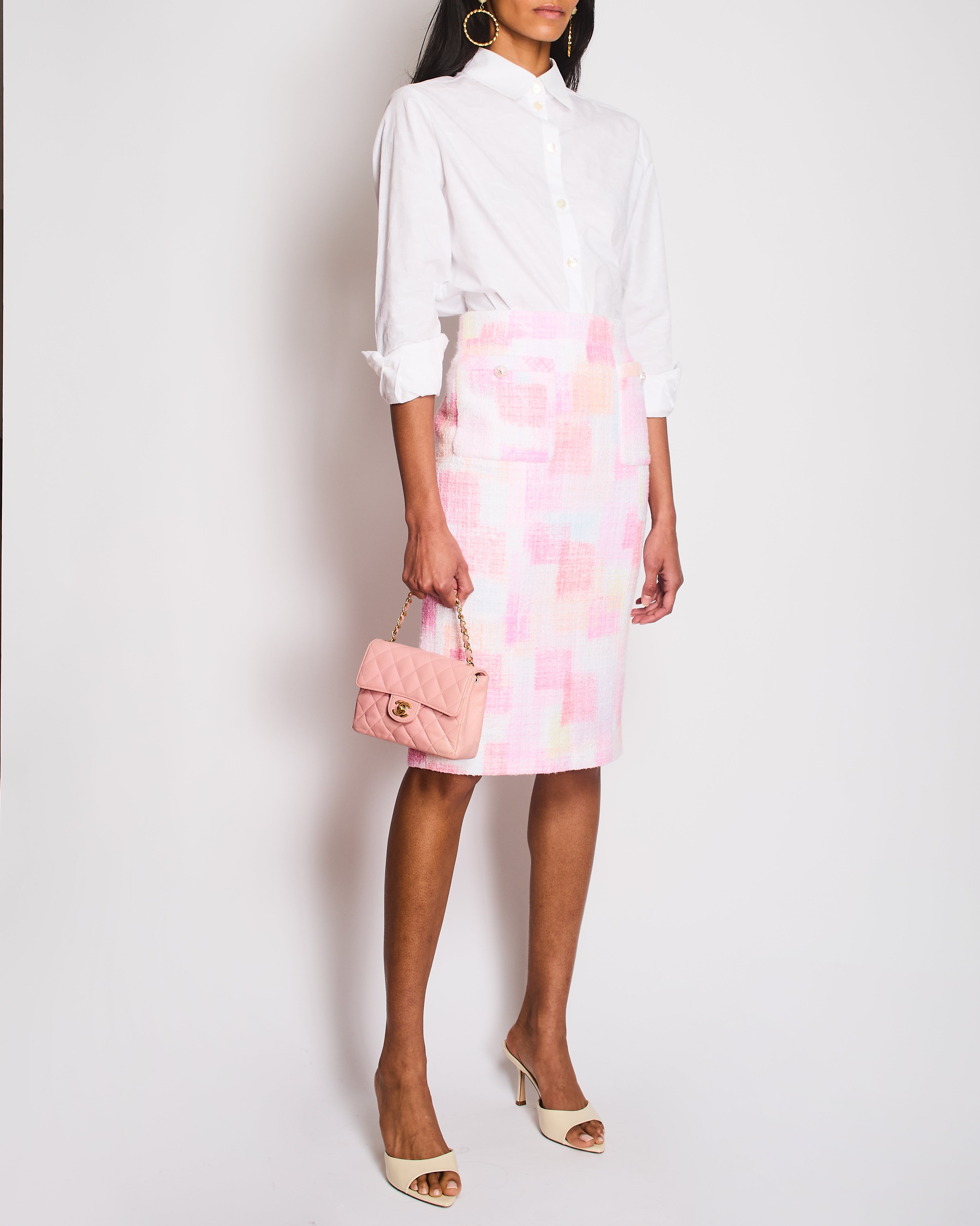 Chanel 23/SS Pink Checkered Midi Skirt with CC Logo Button and Pocket Detail Size FR 36 (UK 8)