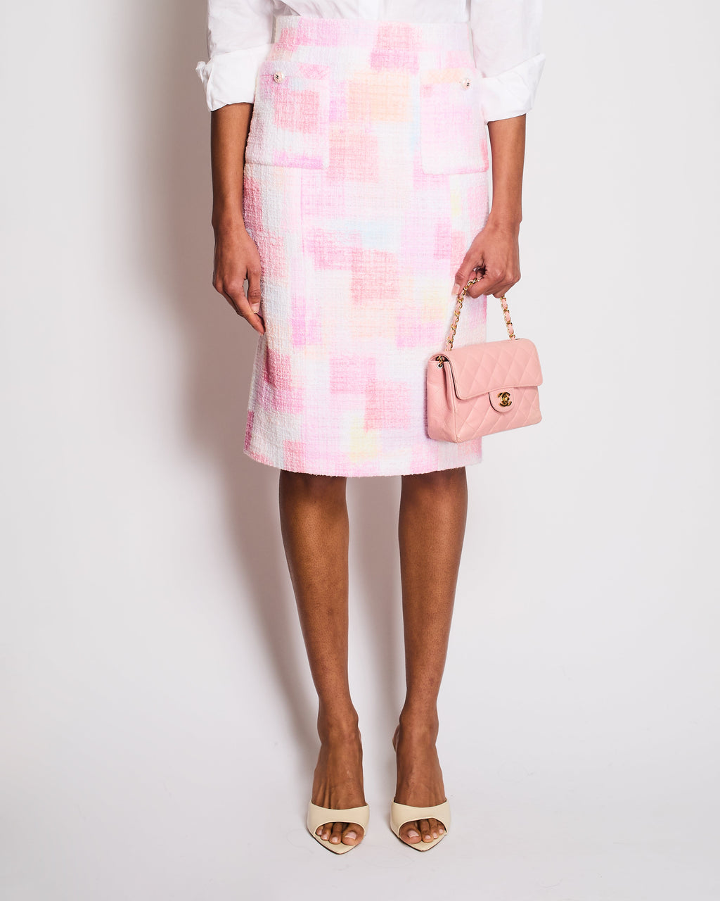 Chanel 23/SS Pink Checkered Midi Skirt with CC Logo Button and Pocket Detail Size FR 36 (UK 8)