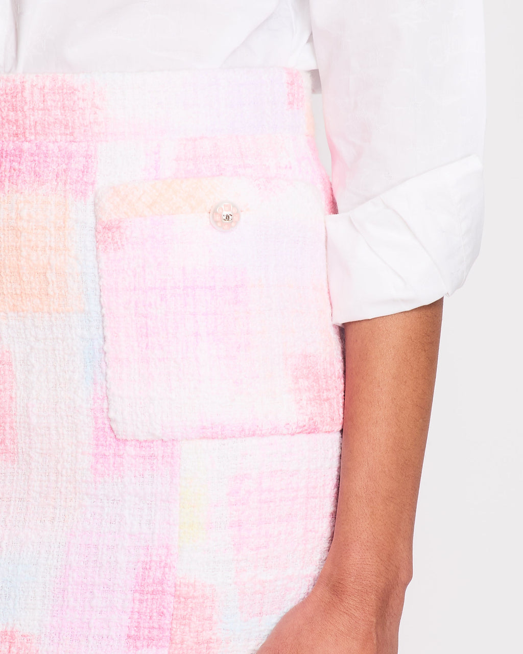 Chanel 23/SS Pink Checkered Midi Skirt with CC Logo Button and Pocket Detail Size FR 36 (UK 8)