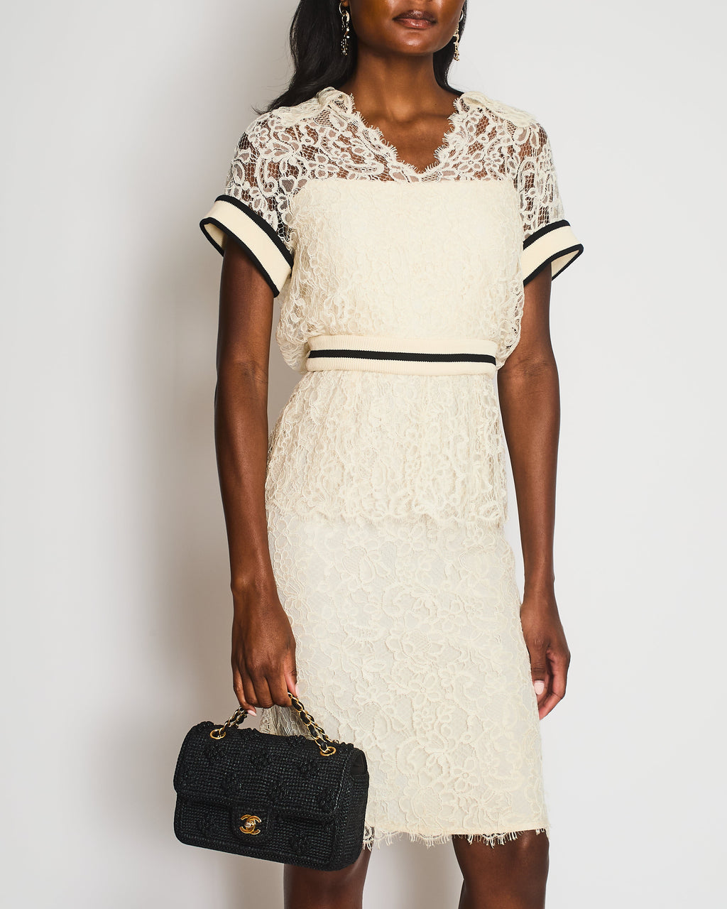 Chanel Ivory Short Sleeve Tiered Lace Midi Dress with Ribbed Waist Detail Size FR 38 (UK 10)