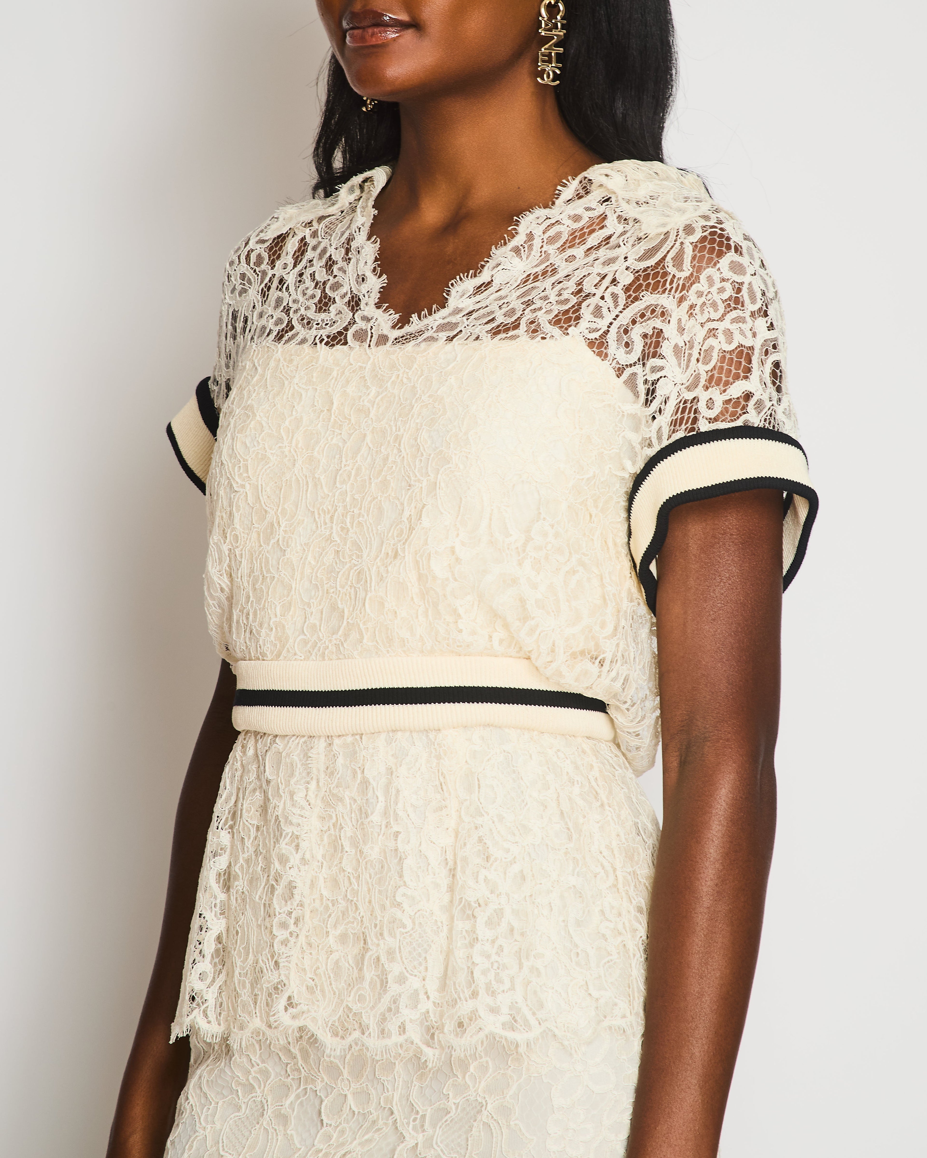 Chanel Ivory Short Sleeve Tiered Lace Midi Dress with Ribbed Waist Detail Size FR 38 (UK 10)
