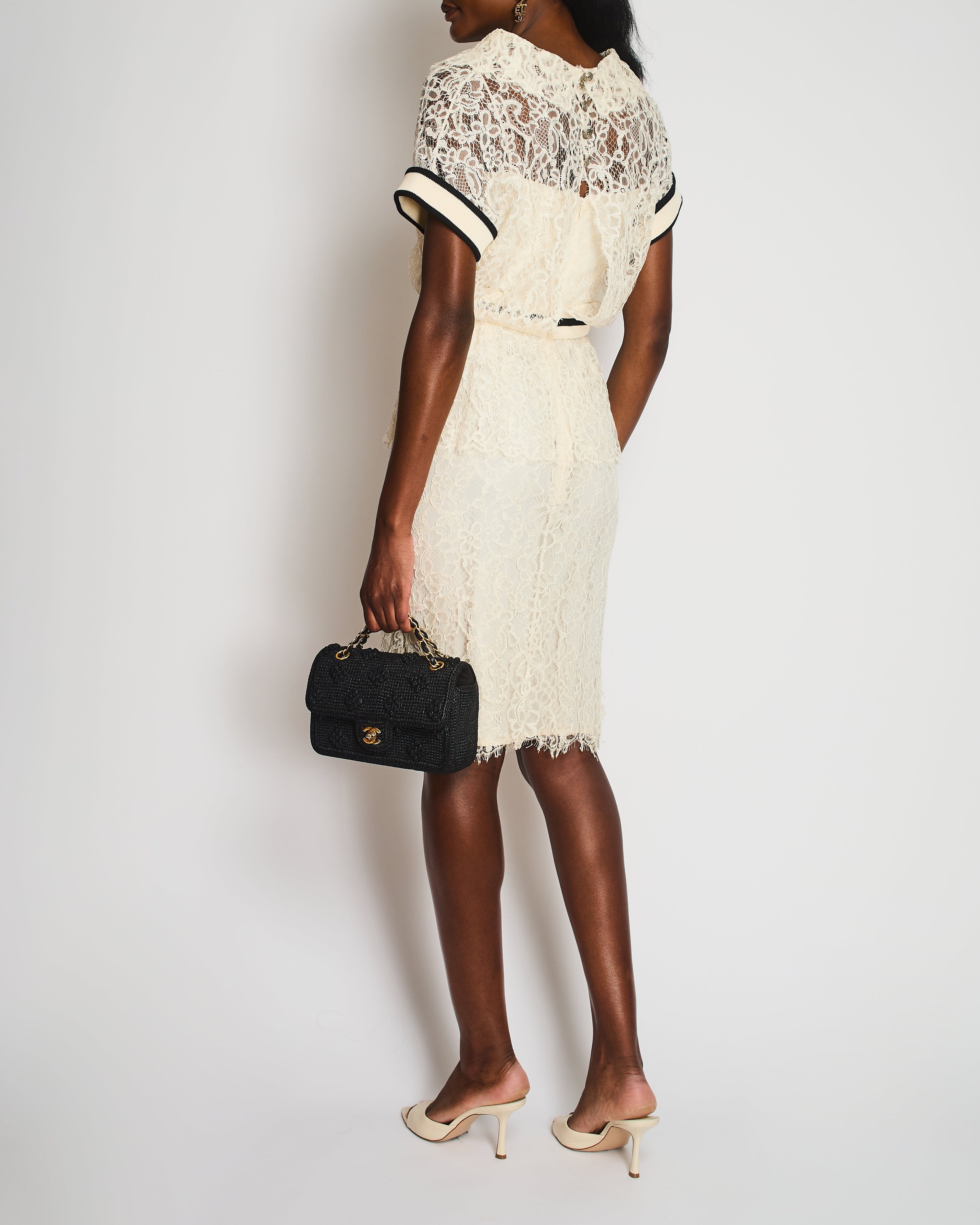 Chanel Ivory Short Sleeve Tiered Lace Midi Dress with Ribbed Waist Detail Size FR 38 (UK 10)