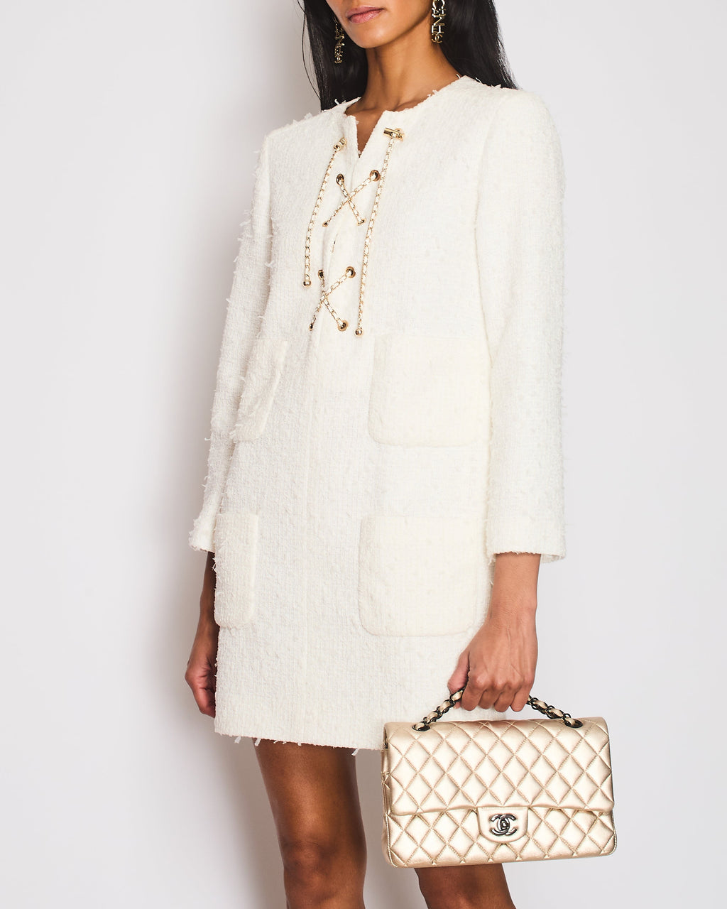 Chanel 21/P White Tweed Long Sleeve Midi Pocket Dress with Chain Fastening Detail Size FR 38 (UK 10)