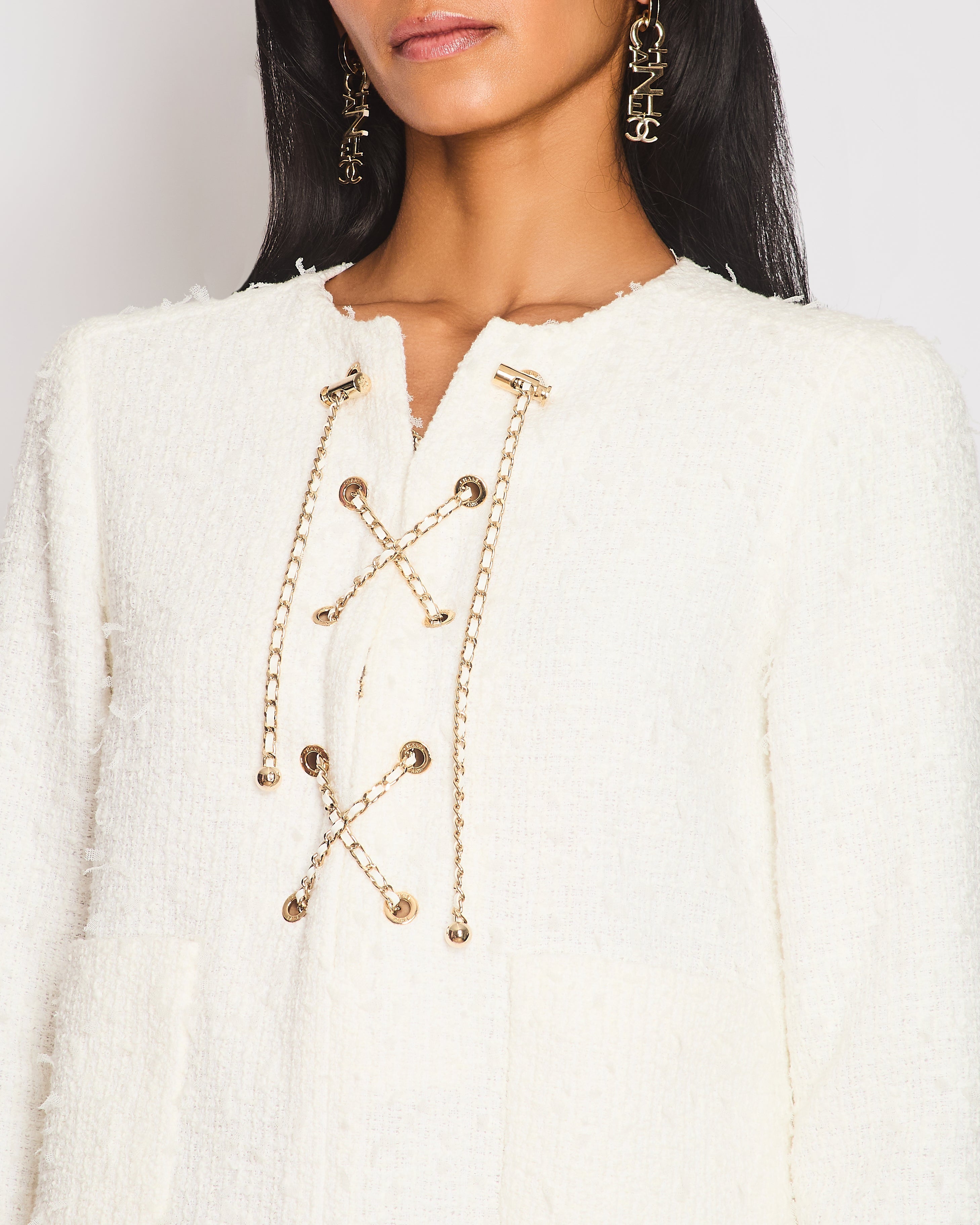 Chanel 21/P White Tweed Long Sleeve Midi Pocket Dress with Chain Fastening Detail Size FR 38 (UK 10)