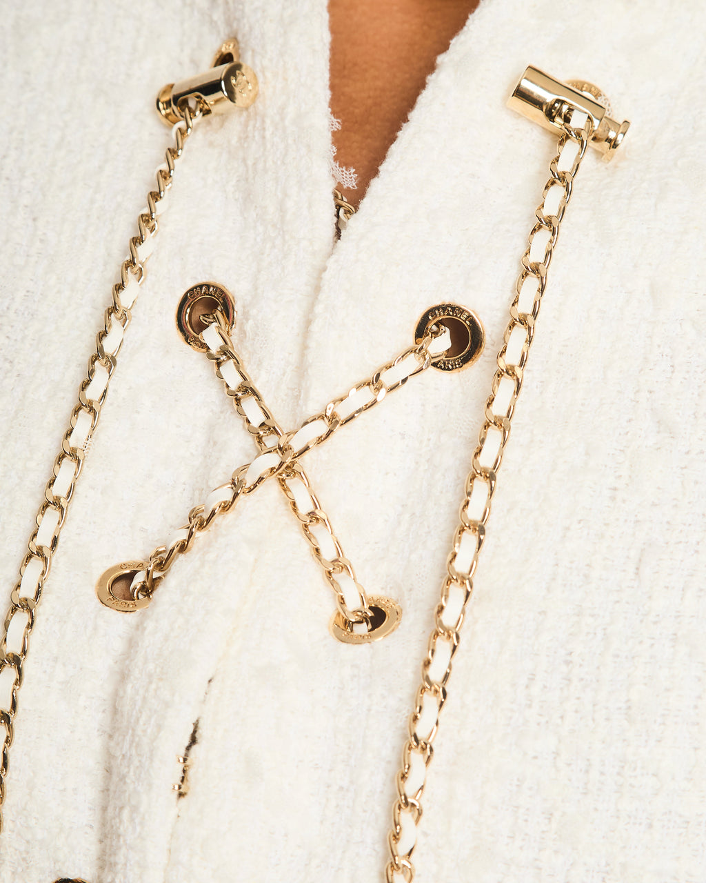 Chanel 21/P White Tweed Long Sleeve Midi Pocket Dress with Chain Fastening Detail Size FR 38 (UK 10)