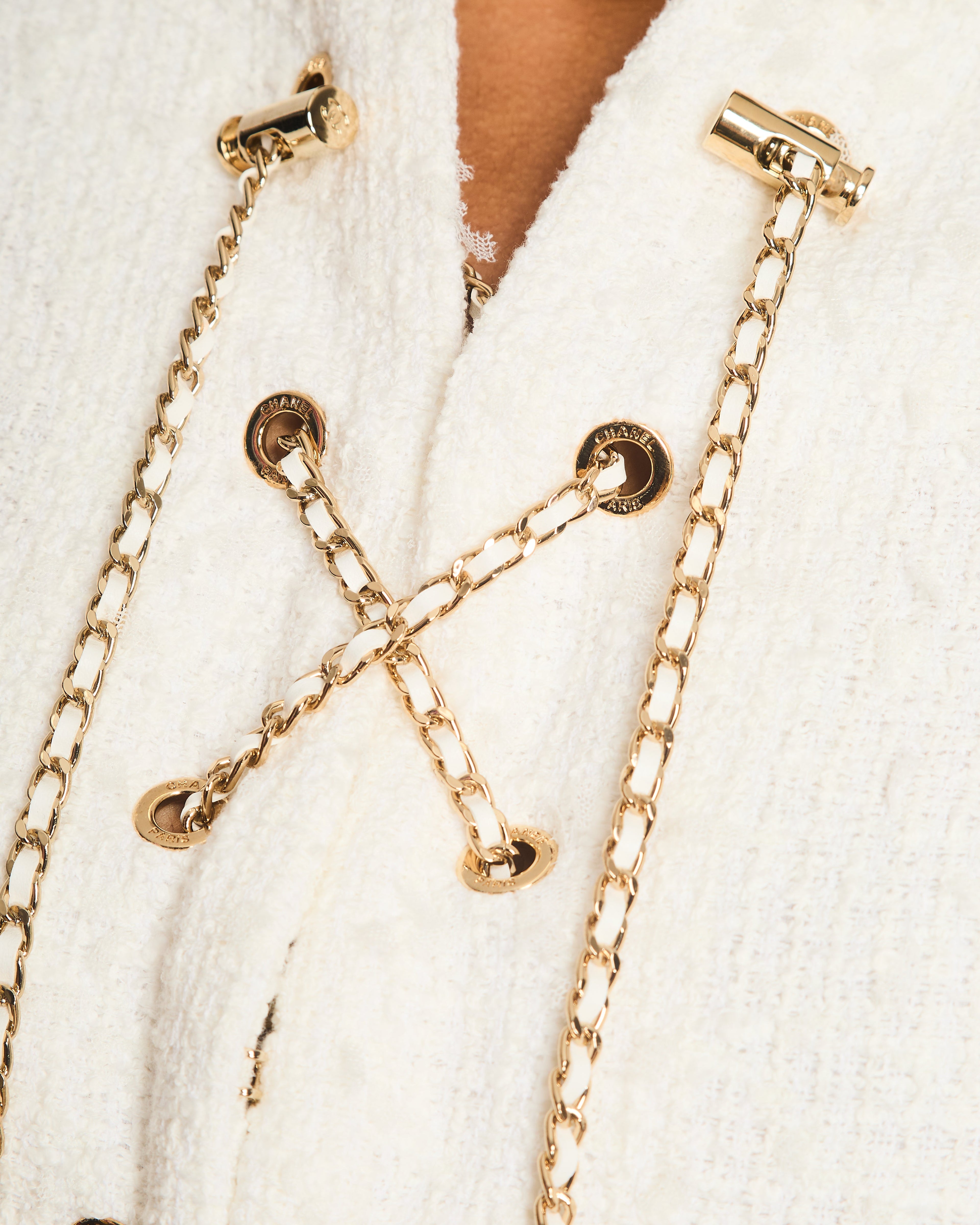 Chanel 21/P White Tweed Long Sleeve Midi Pocket Dress with Chain Fastening Detail Size FR 38 (UK 10)