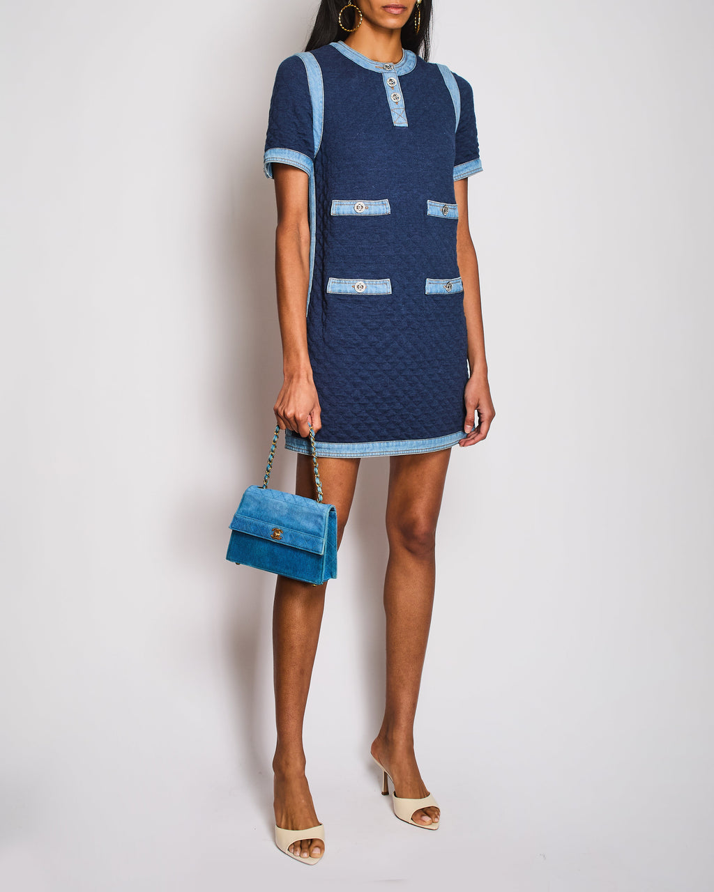 Chanel 20/P Blue Quilted Short Sleeve Midi Dress with Denim Trim Detail Size FR 36 (UK 8)