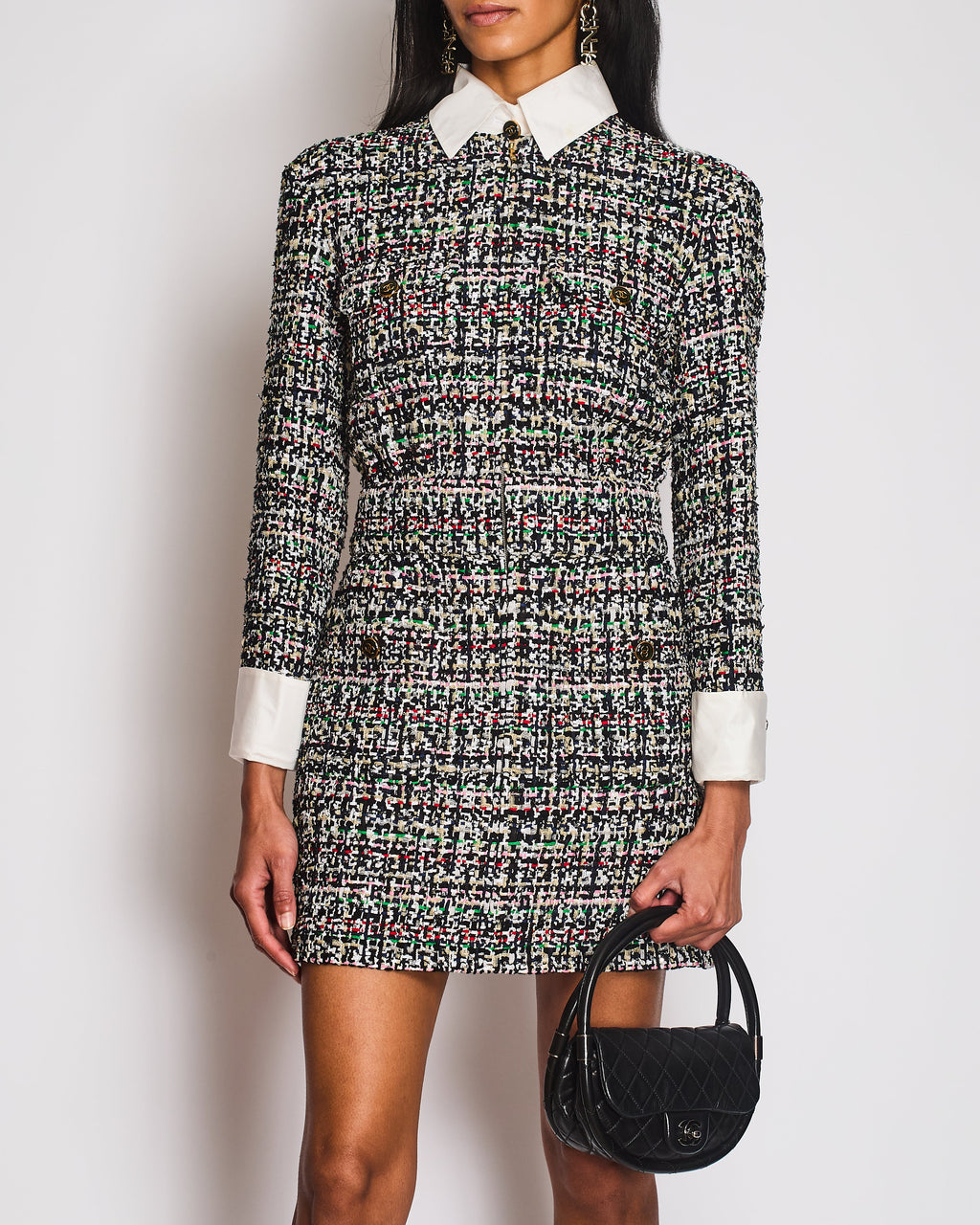 Chanel 23/C Black Tweed Zip Midi Dress with Detachable Collar and Cuff Detail Size FR 38 (UK 10)