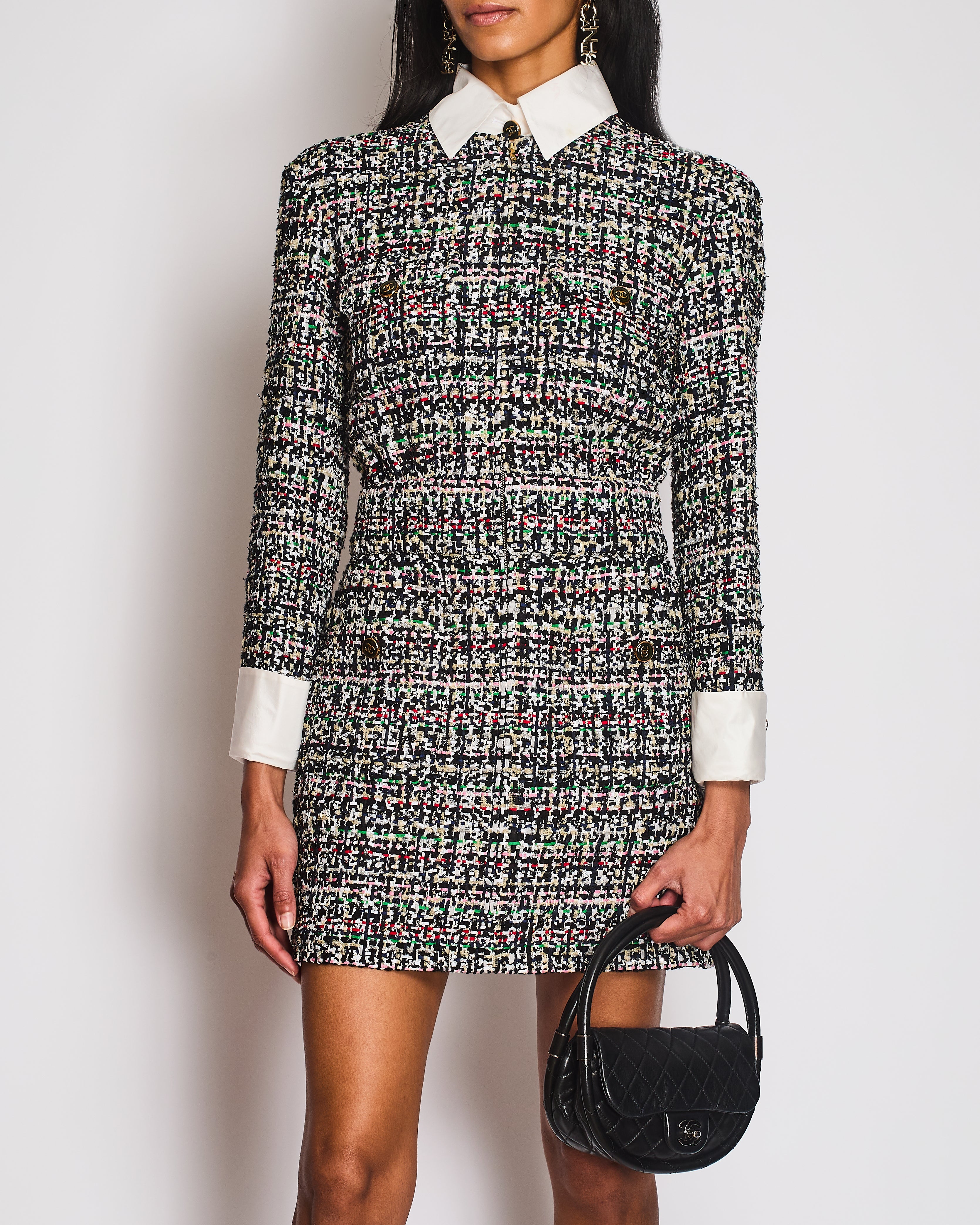 Chanel 23/C Black Tweed Zip Midi Dress with Detachable Collar and Cuff Detail Size FR 38 (UK 10)