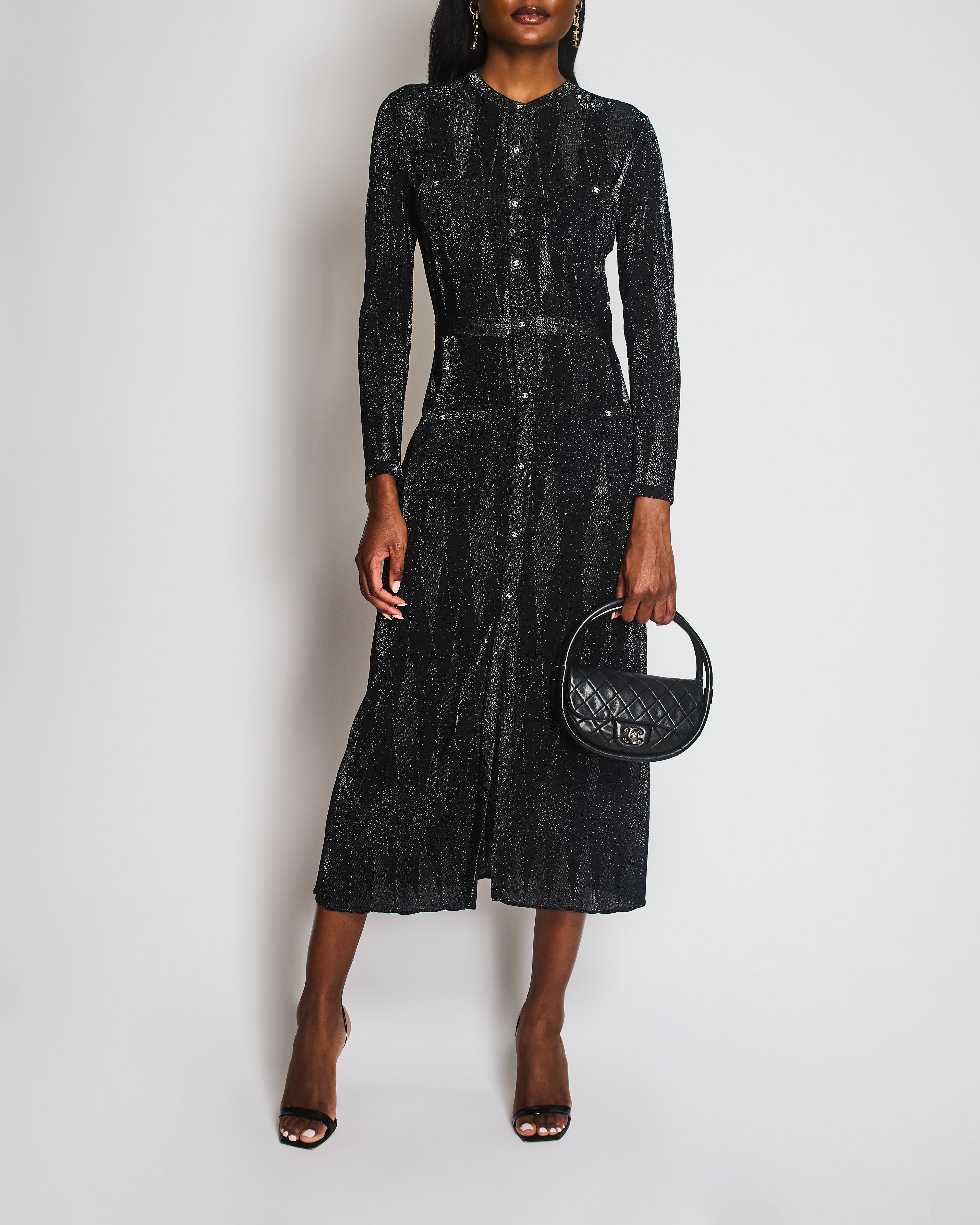 Chanel 21/K Black Long Sleeve Button Down Glitter Maxi Dress Size FR 40 (UK 12)