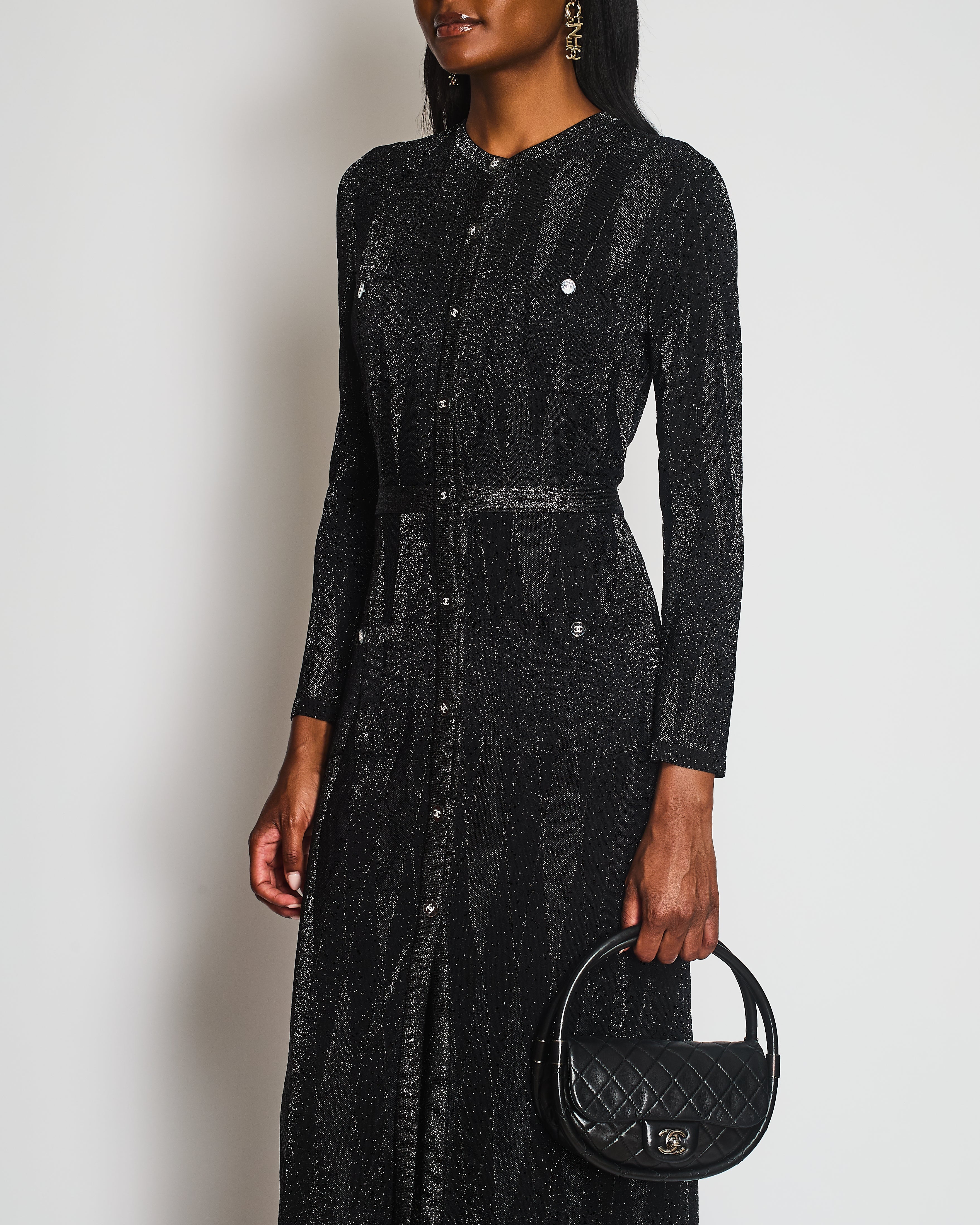 Chanel 21/K Black Long Sleeve Button Down Glitter Maxi Dress Size FR 40 (UK 12)