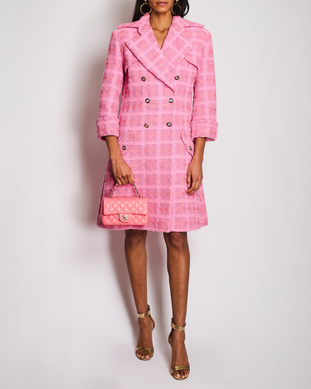 Chanel 24/P Pink Tweed Double Breasted Coat with CC Logo Button Detail Size FR 38 (UK 10)