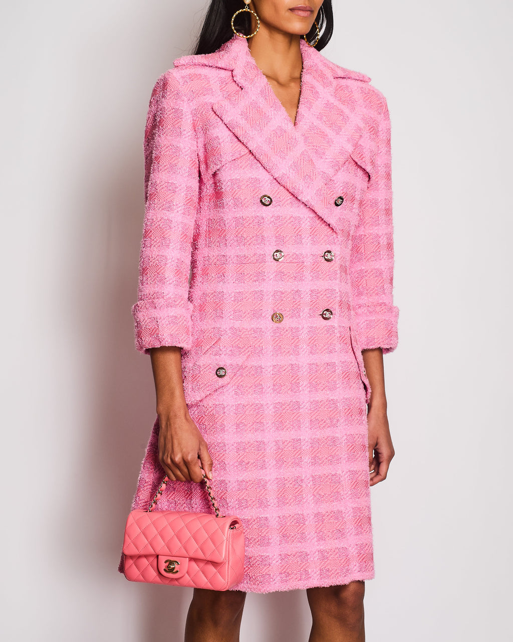 Chanel 24/P Pink Tweed Double Breasted Coat with CC Logo Button Detail Size FR 38 (UK 10)