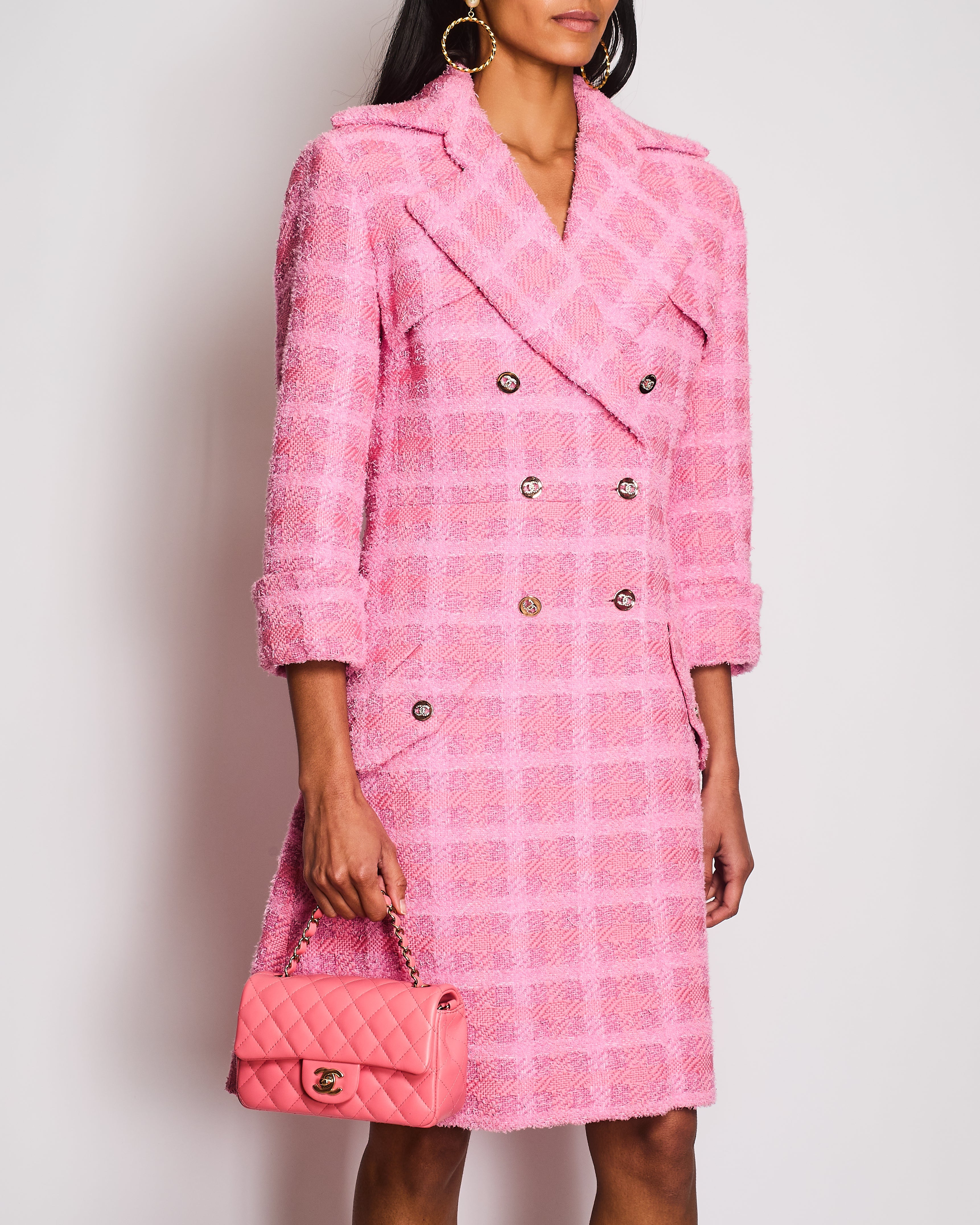 Chanel 24/P Pink Tweed Double Breasted Coat with CC Logo Button Detail Size FR 38 (UK 10)