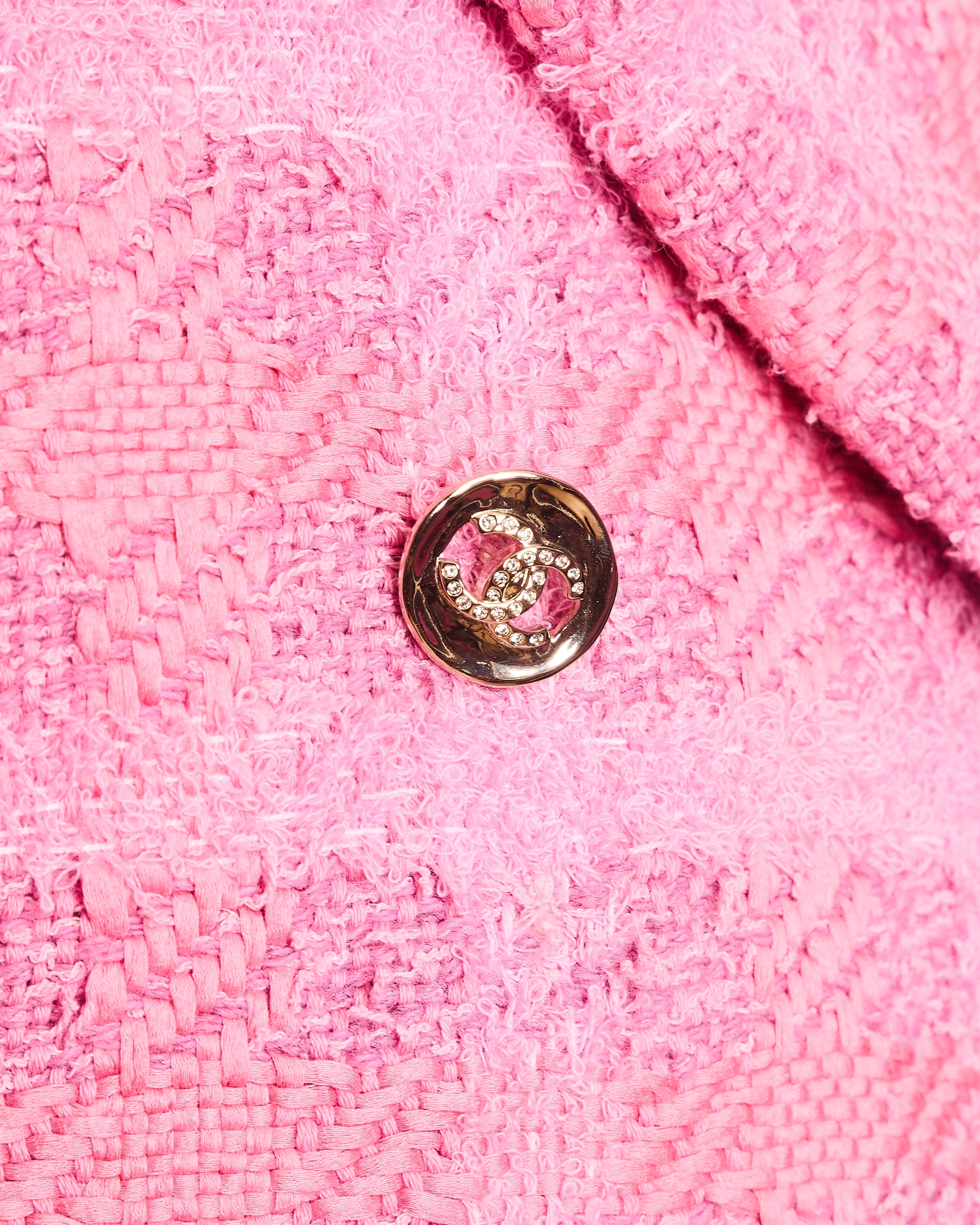 Chanel 24/P Pink Tweed Double Breasted Coat with CC Logo Button Detail Size FR 38 (UK 10)