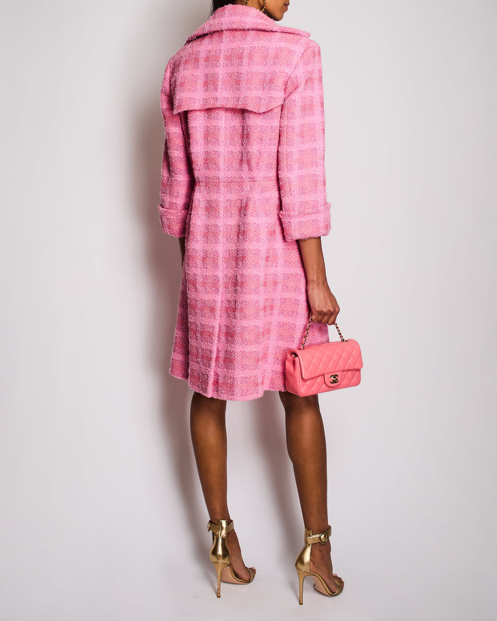 Chanel 24/P Pink Tweed Double Breasted Coat with CC Logo Button Detail Size FR 38 (UK 10)