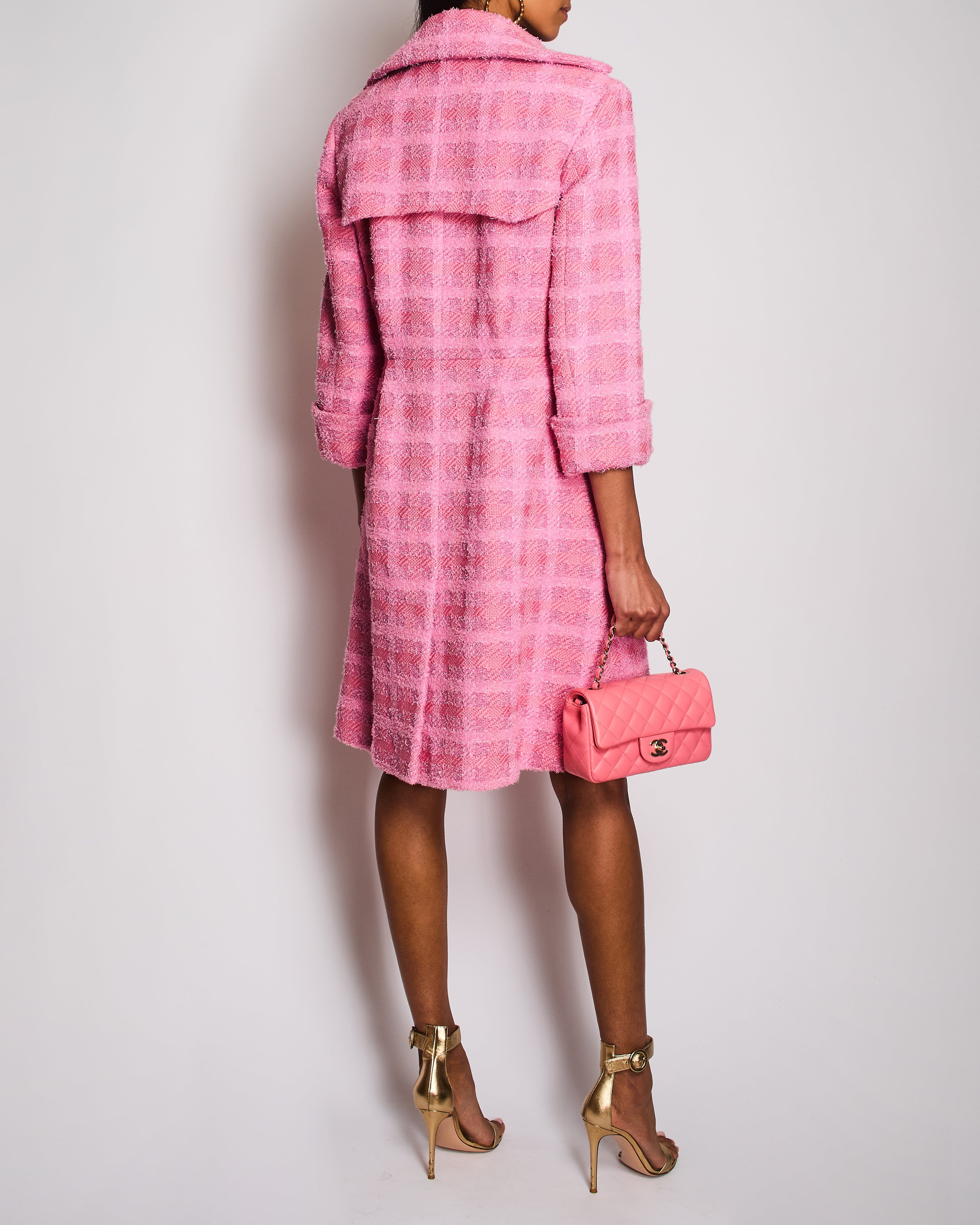 Chanel 24/P Pink Tweed Double Breasted Coat with CC Logo Button Detail Size FR 38 (UK 10)