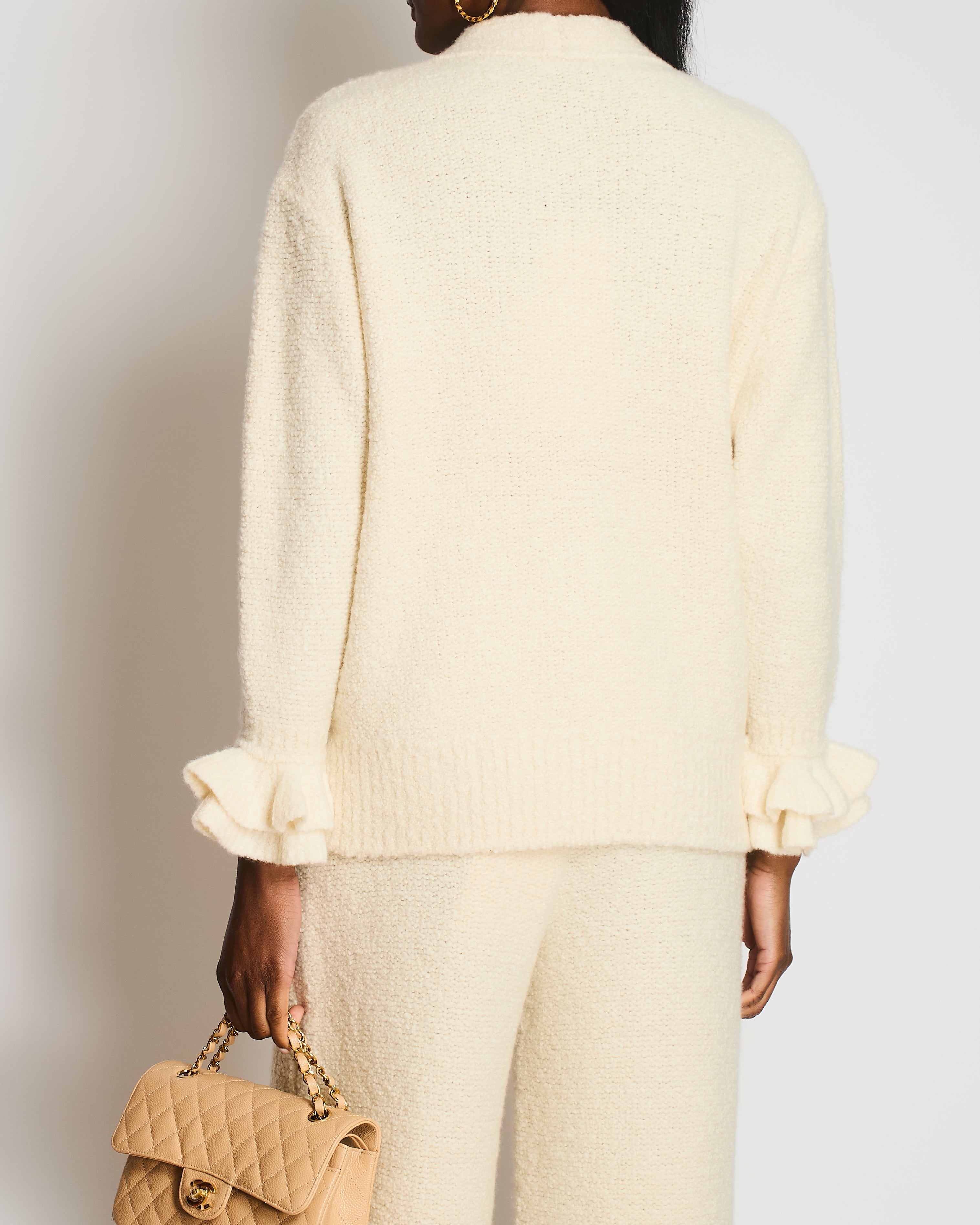 Chanel Ivory Knitted Cashmere Cardigan with Ruched Sleeve Detail Size FR 34 (UK 6)