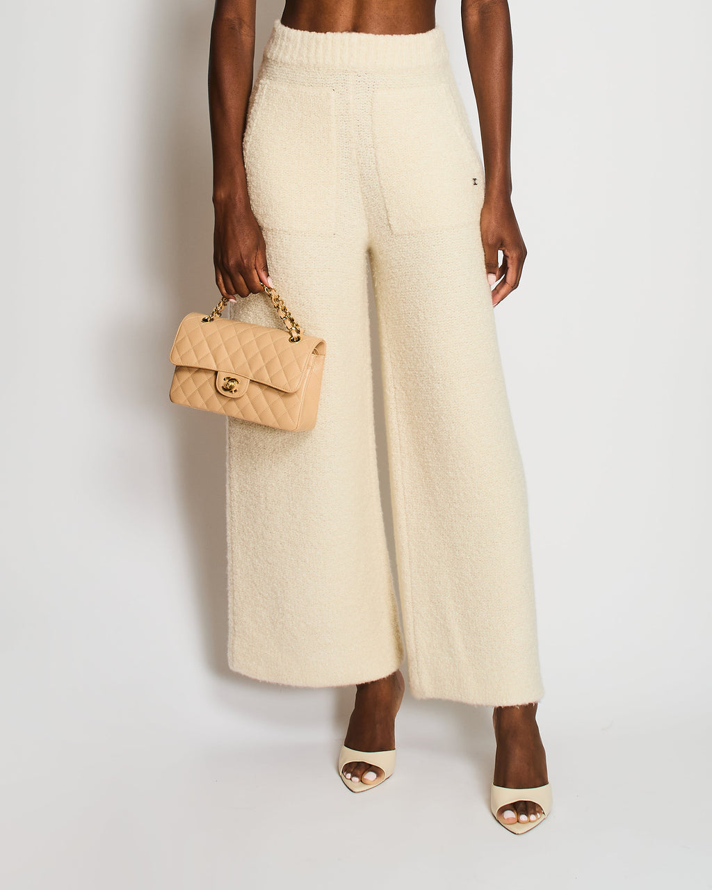 Chanel Ivory Knitted Cashmere Pants with CC Button Detail Size FR 36 (UK 8)