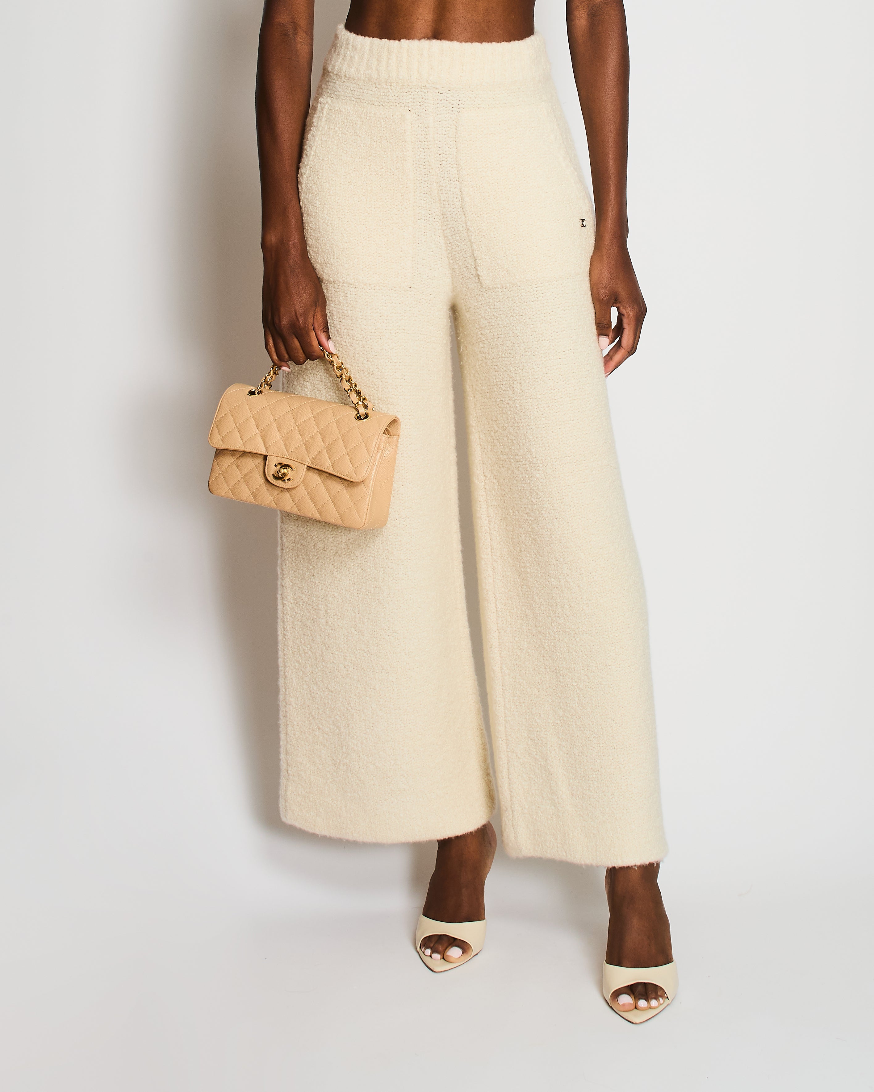 Chanel Ivory Knitted Cashmere Pants with CC Button Detail Size FR 36 (UK 8)