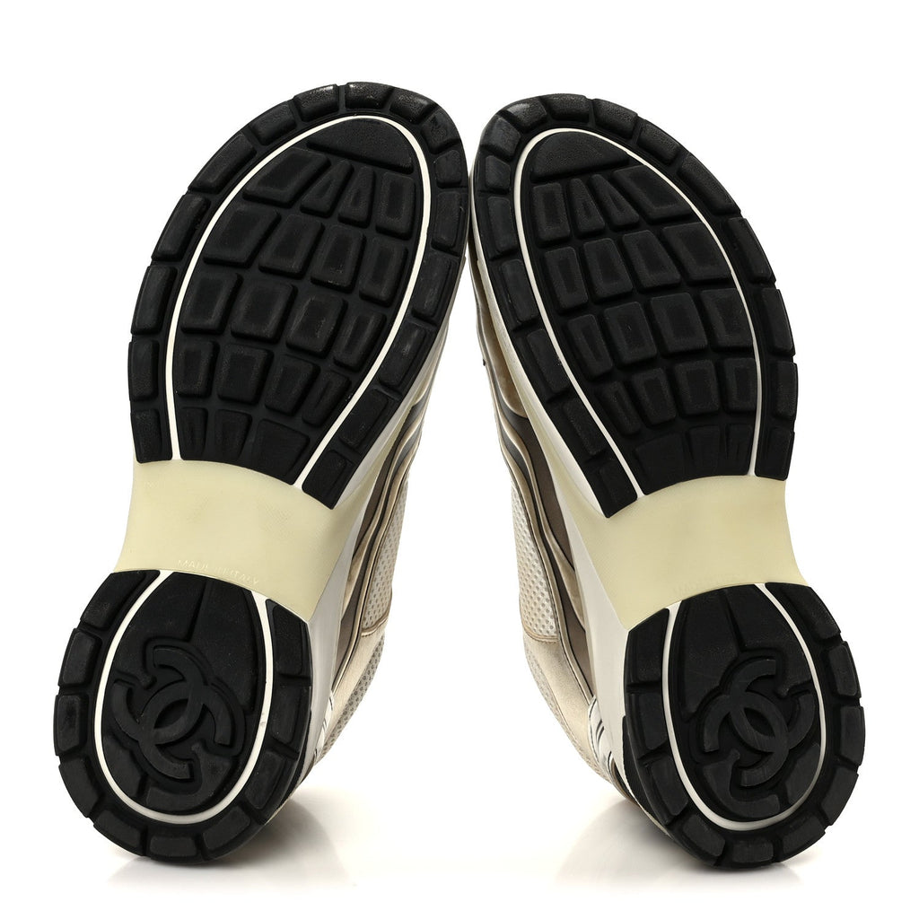Fabric Laminated Calfskin Stretch CC Sneakers 39.5 White Gold Silver