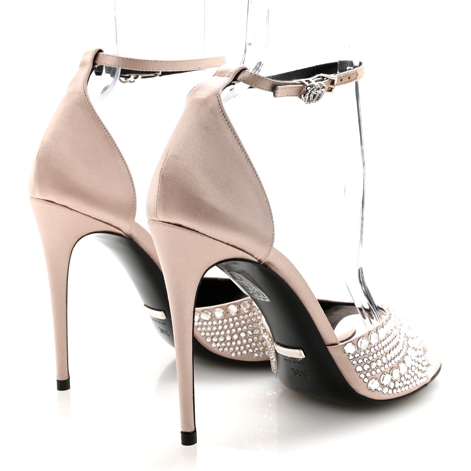 Gucci Satin Crystal Ankle Strap Sandal Pumps 38.5 Skin Rose