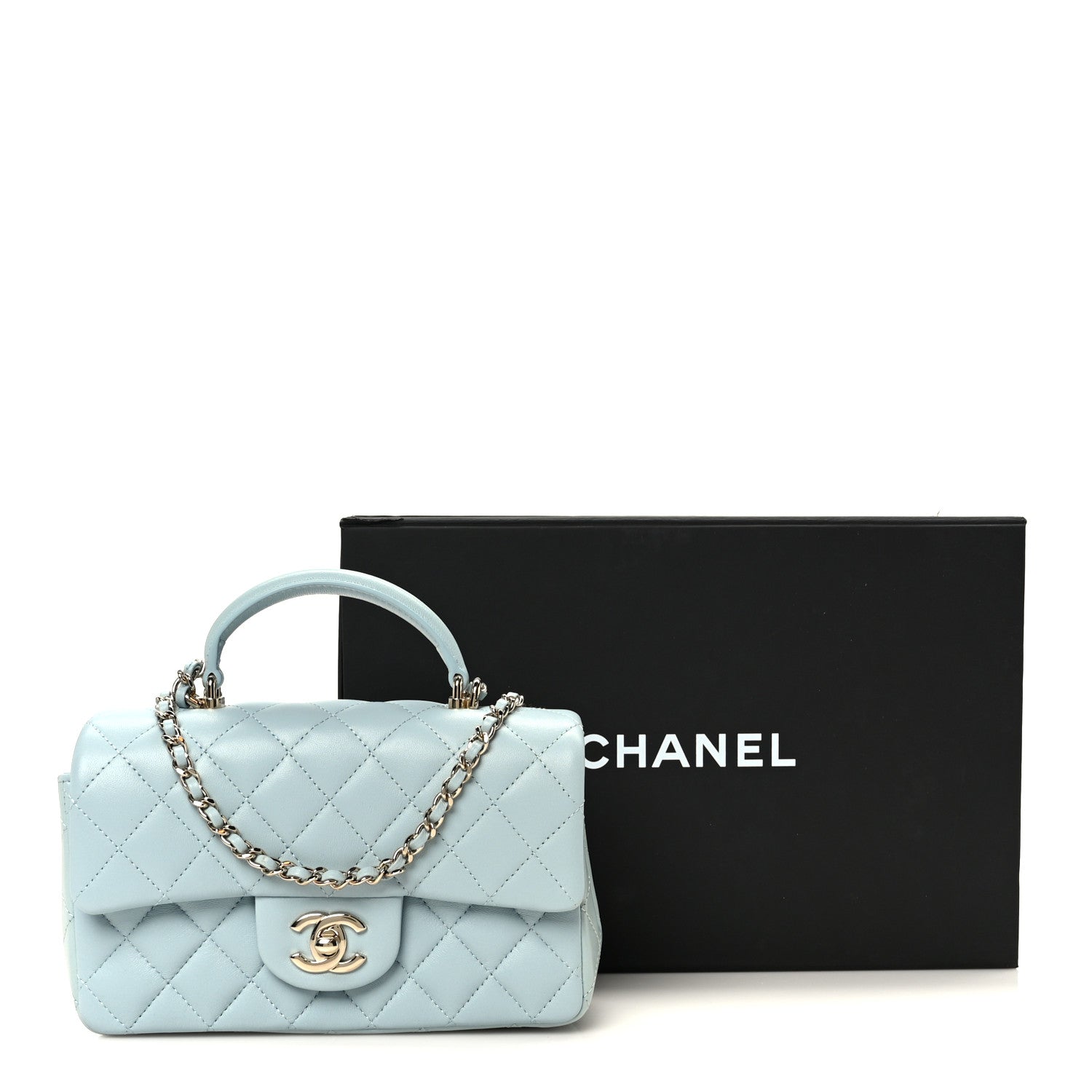 Chanel Lambskin Quilted Mini Top Handle Rectangular Flap Light Blue