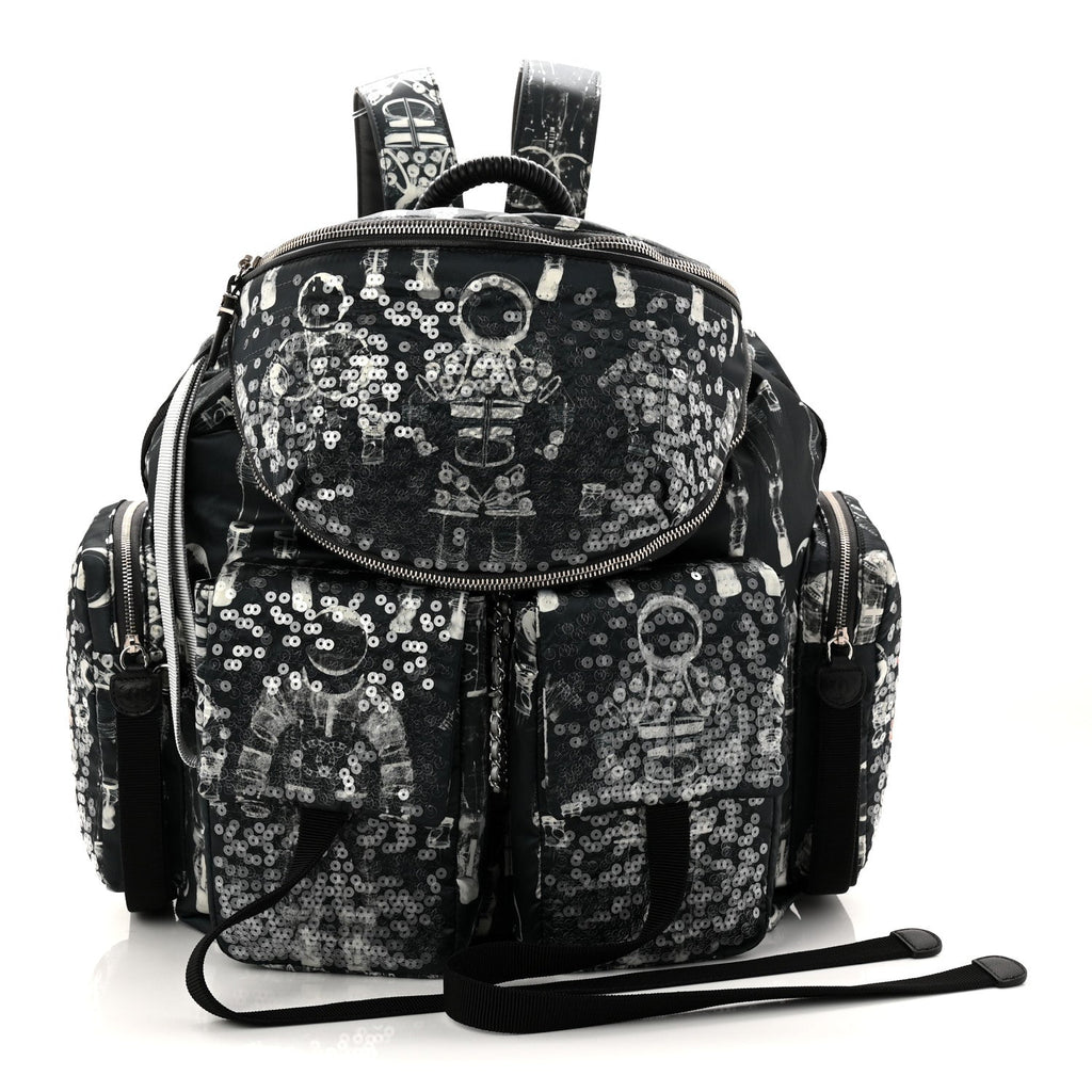 Chanel Sequin Nylon Lambskin Astronaut Essentials Backpack Black White