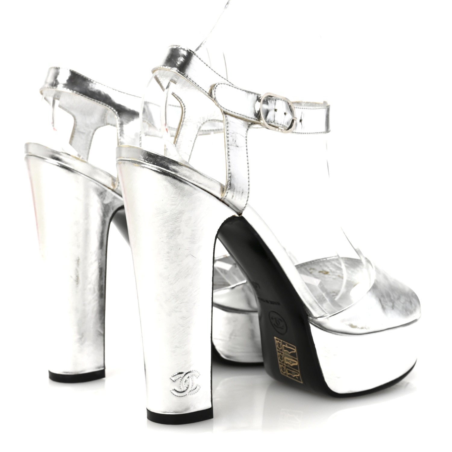 Metallic Laminated Calfskin CC Platform Sandals 40 Silver