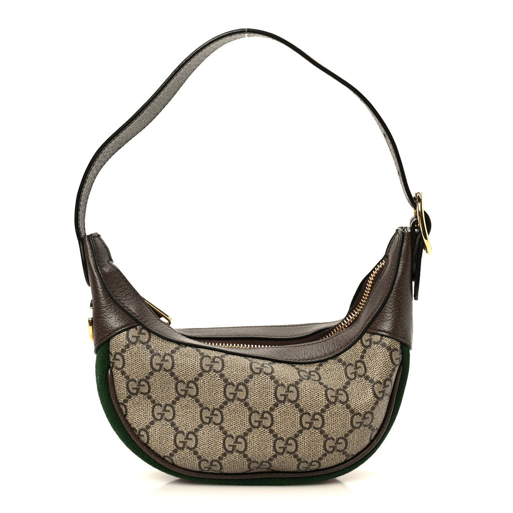 Gucci GG Supreme Monogram Textured Calfskin Web Mini Ophidia Half Moon Hobo Beige Ebony New Acero