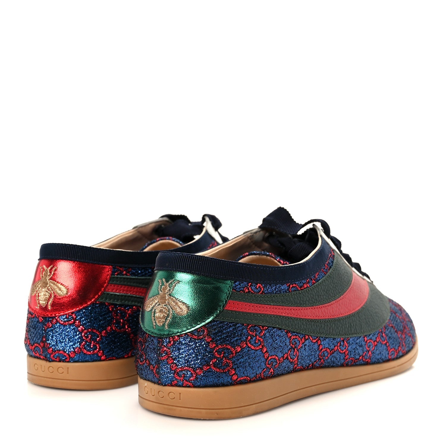 Gucci Lurex Calfskin Web GG Monogram Mens Falacer Sneakers 8.5 Iridescent Blue Iridescent Red Silver