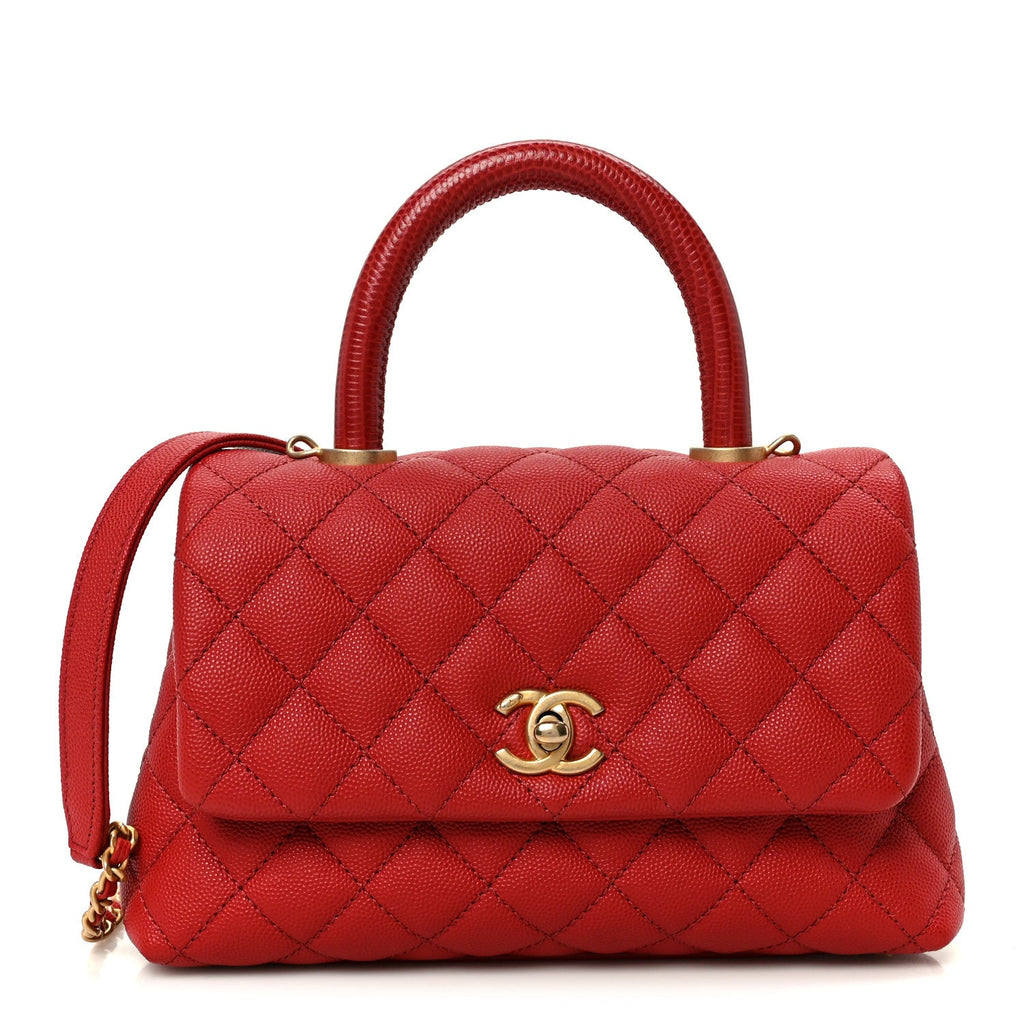 Chanel Caviar Lizard Embossed Quilted Mini Coco Handle Flap Red
