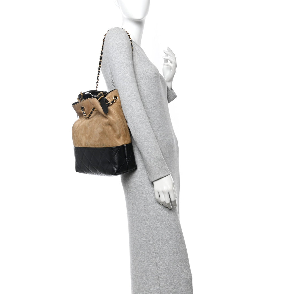 Chanel Suede Calfskin Shiny Lambskin Quilted Coco Base Shopping Bag Beige Black