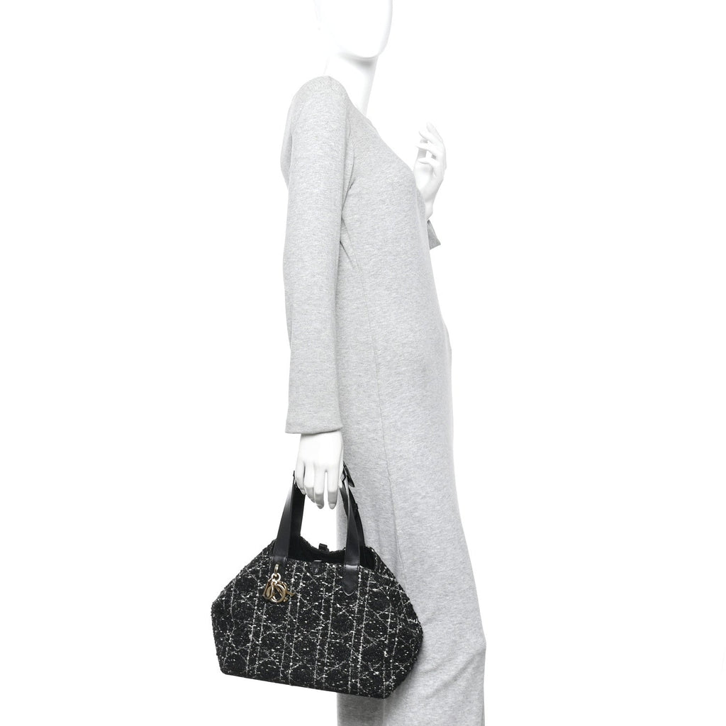 Christian Dior Calfskin Tweed Cannage Medium Toujours Black White