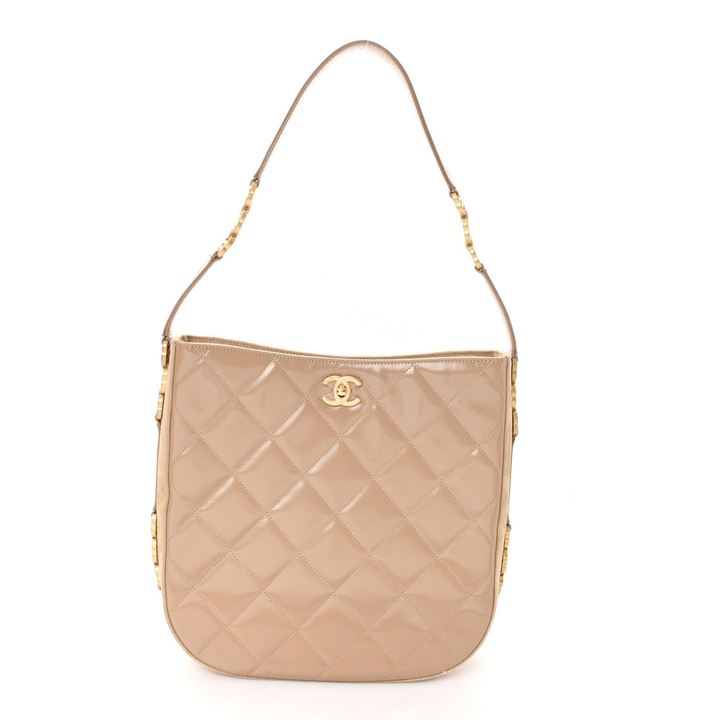 Chanel Shiny Calfskin Suede Goatskin Quilted Hobo Beige