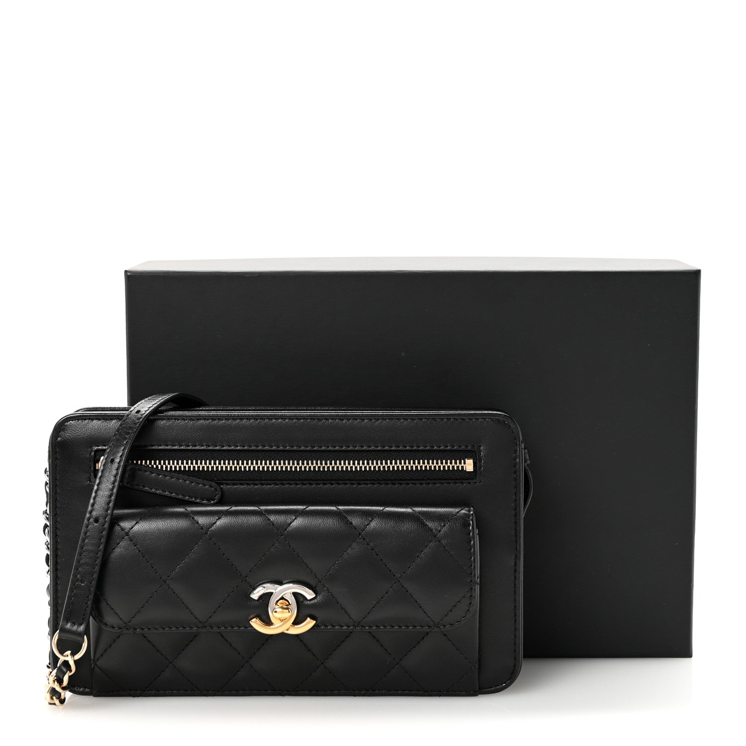 Chanel Lambskin Quilted Front Pocket Clutch With Chain Black